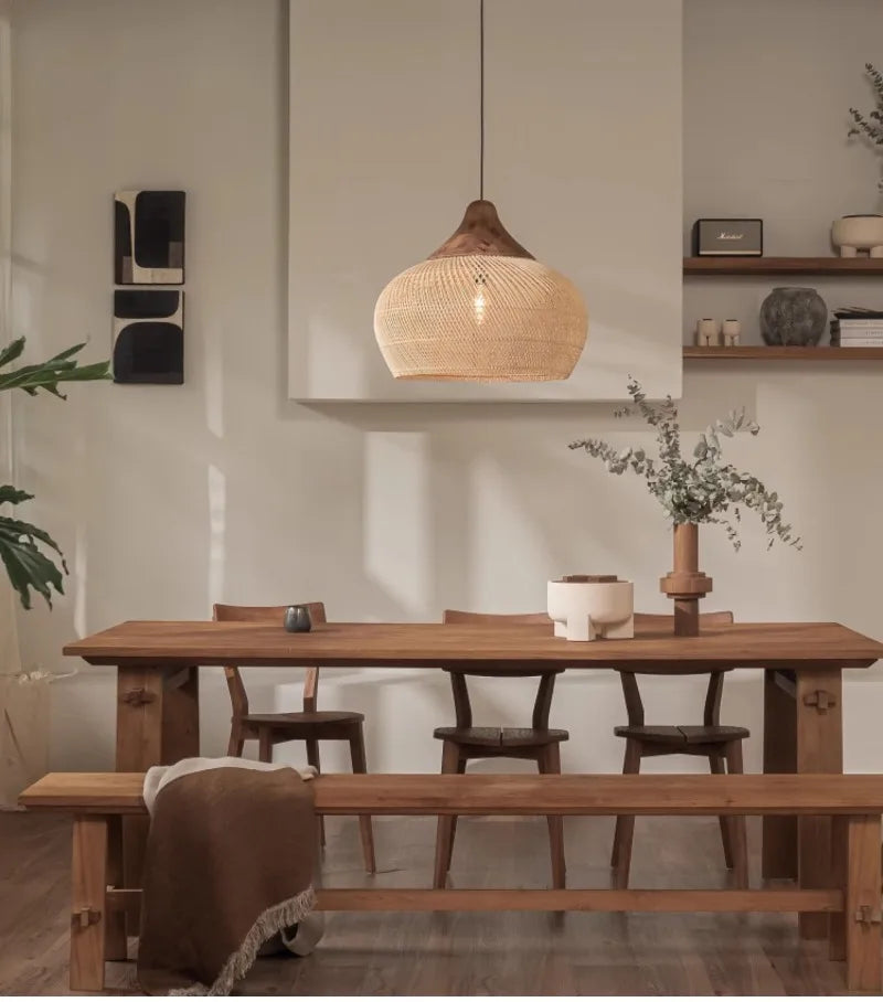 Japanese Wabi-Sabi Rattan Pendant Light - Hand-Woven E27 Boho Lamp for Restaurant Coffee Shop Dining Room Kitchen Island