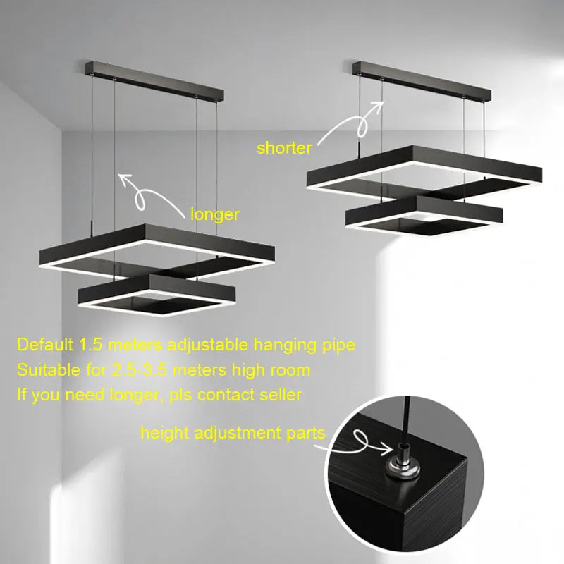 2026 LED Square Pendant Light For Dining Room Bedroom Living Room Home Loft Decor Modern Black Aluminum Hanging Lamp