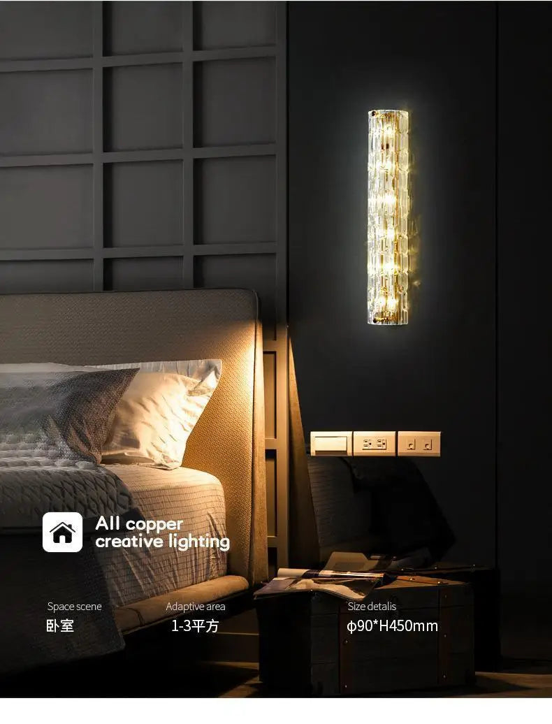Nordic Cylindrical All Copper LED Wall Lamps Ripple Glass Lampshade Living Room Bedroom Restaurant Corridor Sconces Light