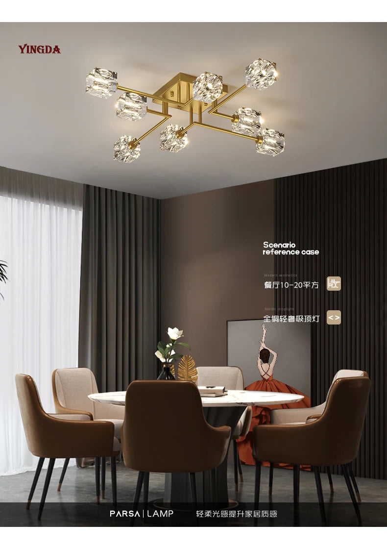 Light Luxury All Copper Living Room Ceiling Lamp, High-end Crystal Lamp, Creative Bedroom Lamp, Minimalist Dining Room Lamp