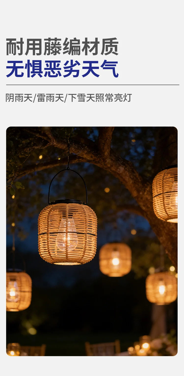 Solar Iron Rattan Outdoor Hanging Lamp Bamboo Pendant Light Warm Ambient Night Glow Garden Patio Balcony Home For Couples