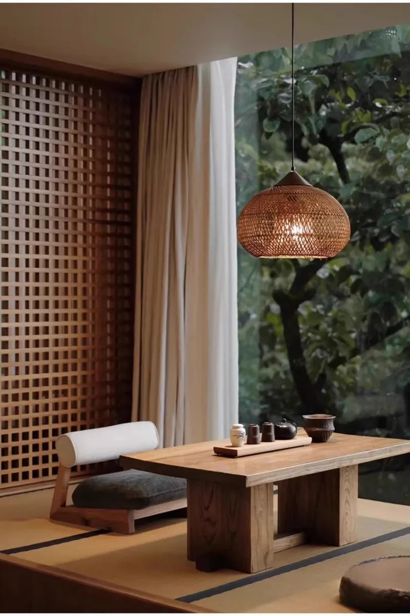 Japanese Wabi-Sabi Rattan Pendant Light - Hand-Woven E27 Boho Lamp for Restaurant Coffee Shop Dining Room Kitchen Island