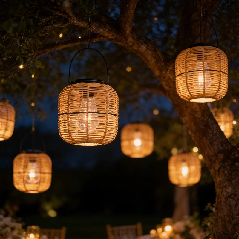 Solar Iron Rattan Outdoor Hanging Lamp Bamboo Pendant Light Warm Ambient Night Glow Garden Patio Balcony Home For Couples