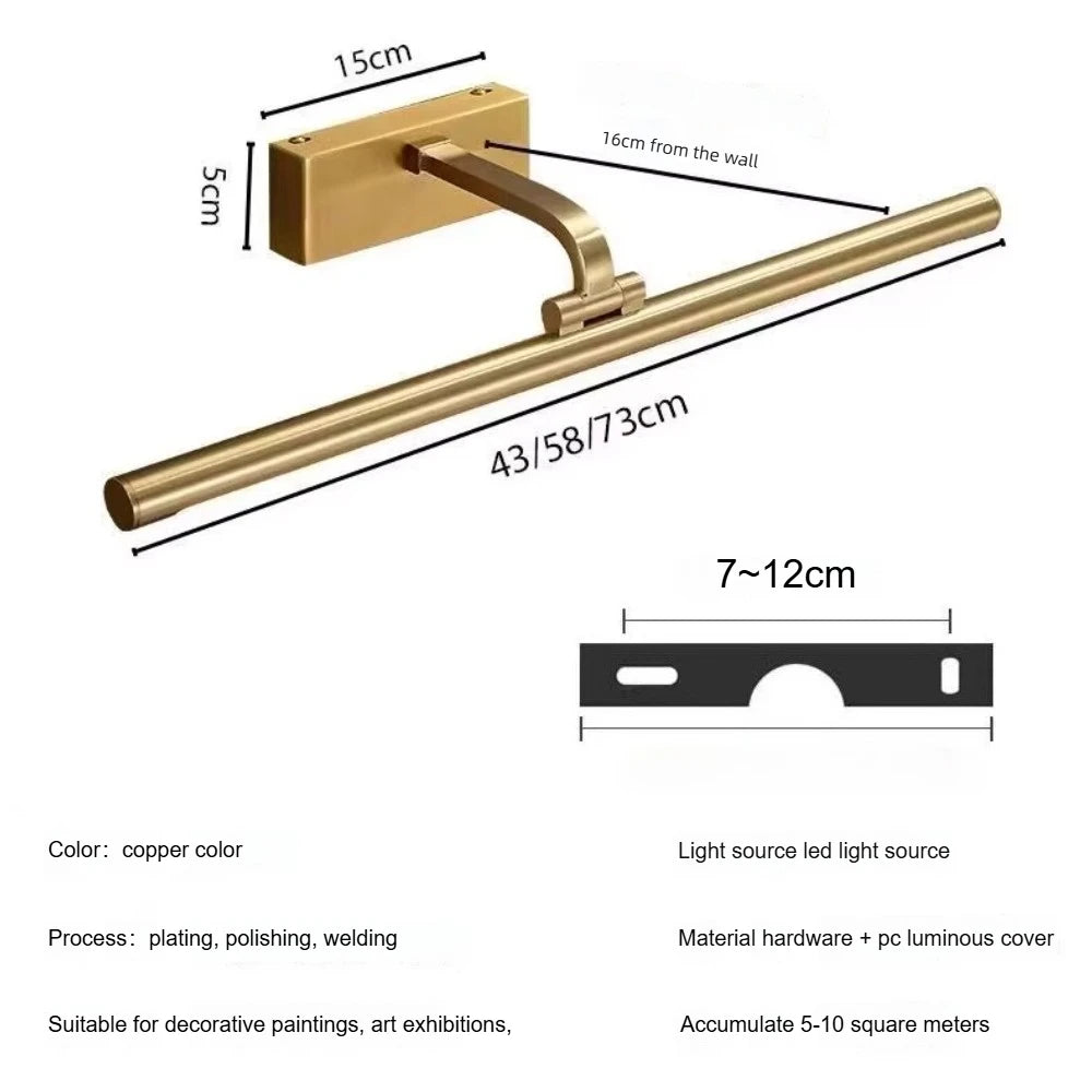 Modern Gold Copper LED Wall Light Rotatable Mirror Bathroom Bedroom Sconce Brass Simple Wall Lamp