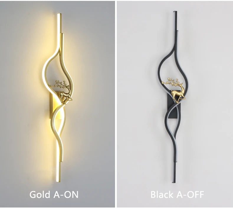 Modern Living Room Long Wall Lights with Anlter Design Gold Black TV Background Decorative Wall Lamp for Bedroom Remote Control