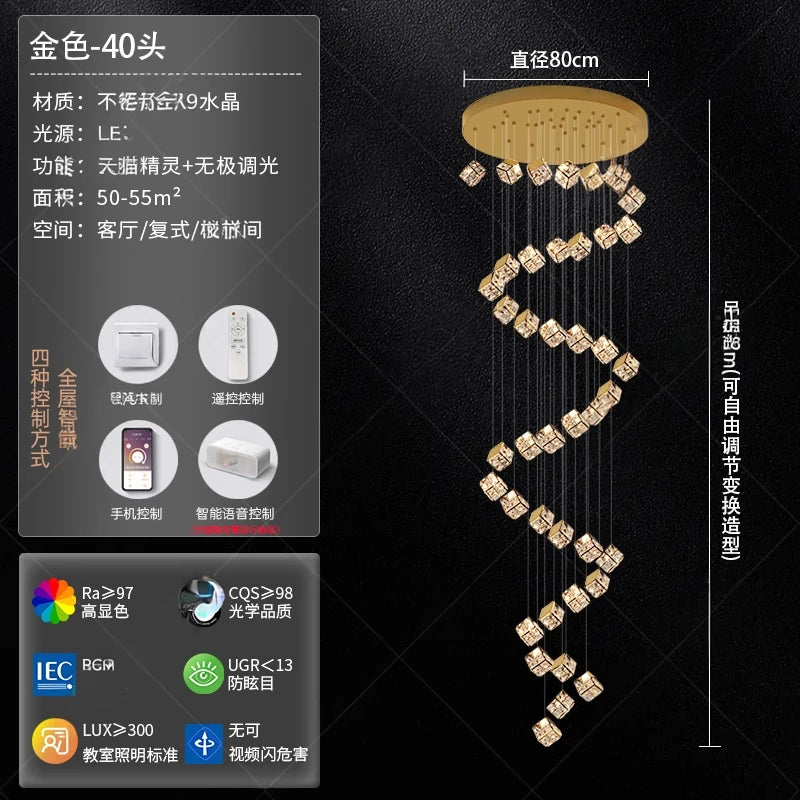 Stair chandelier long chandelier Rubik's cube creative personality light crystal lamp duplex villa loft apartment