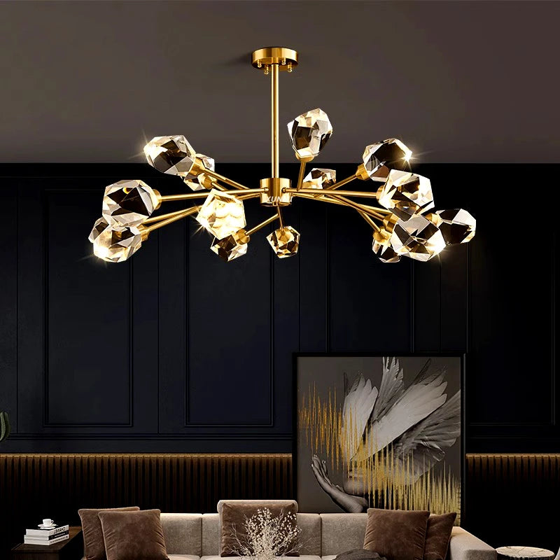 All-copper Molecular Long Crystal Chandelier Light Luxury Creative Post-modern Atmosphere Living Room LED Pendant Lights