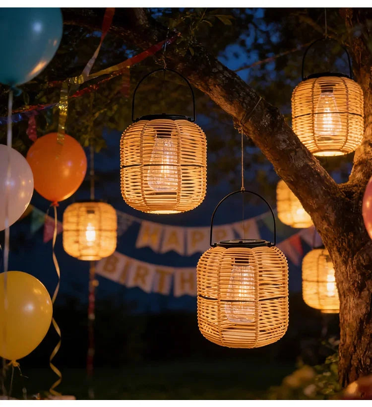 Solar Iron Rattan Outdoor Hanging Lamp Bamboo Pendant Light Warm Ambient Night Glow Garden Patio Balcony Home For Couples