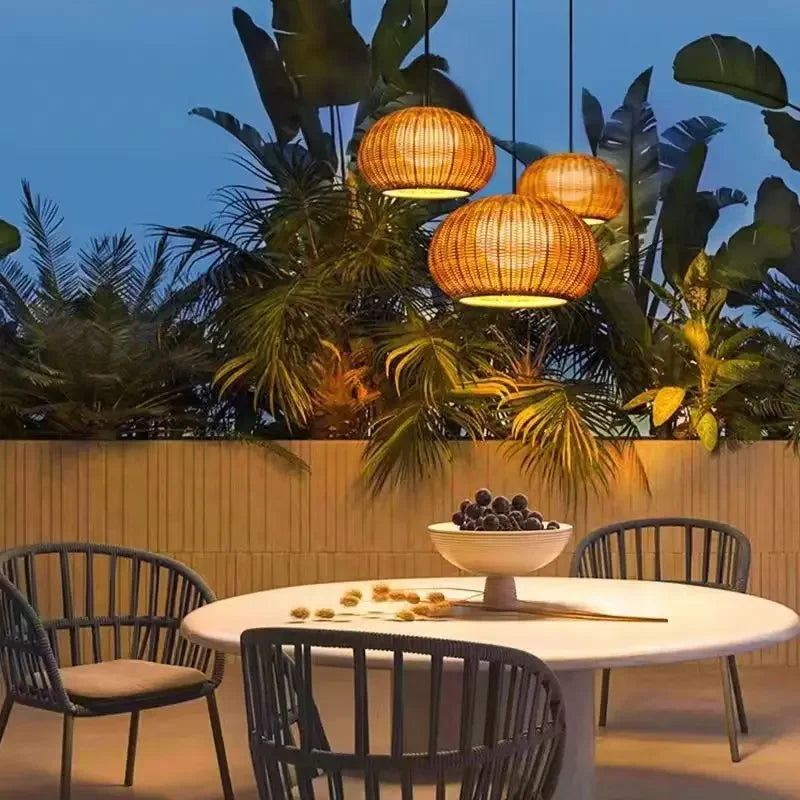 Outdoor Japanese Waterproof Rattan Villa Courtyard Hanging Lamp Garden Dining Room Woven Pendant Light Living Room Home Decor