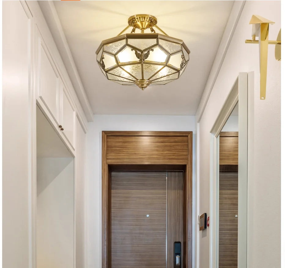 American-Style Semi-Flushed Ceiling Lamp D35cm H30cm De Copper Glass Balcony Bedroom Lamp Restaurant Balcony Study Ceiling Light
