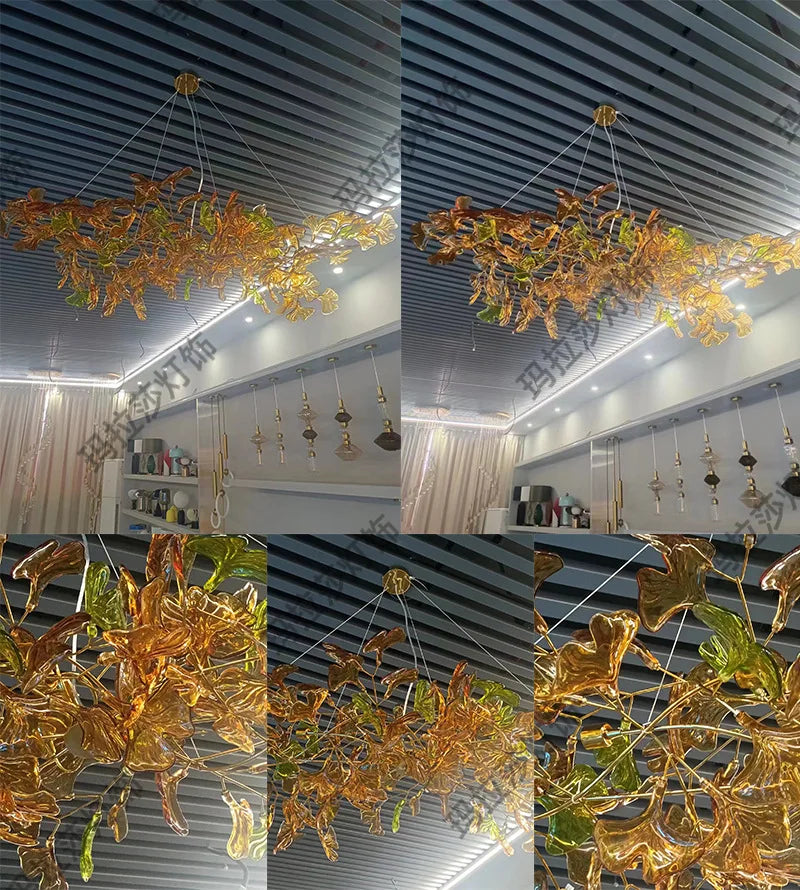 Living room chandelier ginkgo leaf branch lamp duplex floor villa stairs dining room lamp