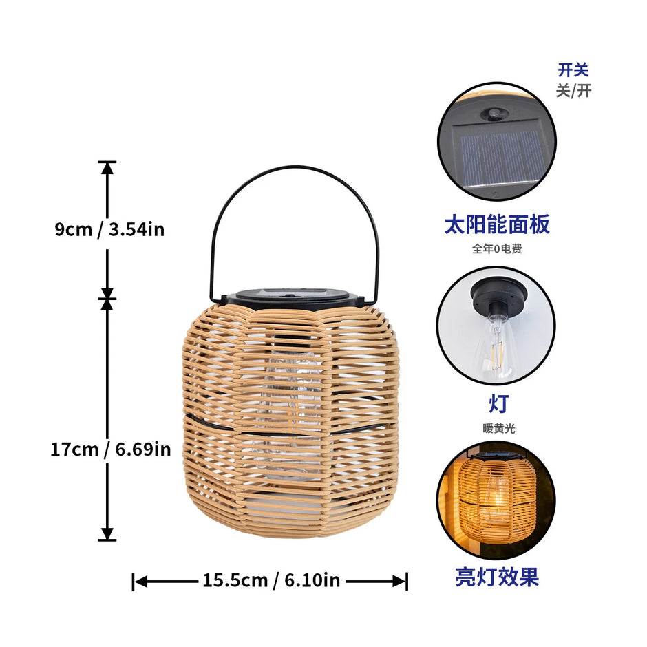 Solar Iron Rattan Outdoor Hanging Lamp Bamboo Pendant Light Warm Ambient Night Glow Garden Patio Balcony Home For Couples