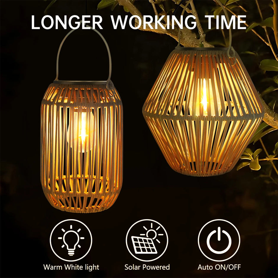 Outdoor Solar Rattan Lanterns, Waterproof Hanging Boho Solar Lights for Garden, Patio, Yard, Porch Decorative Lighting