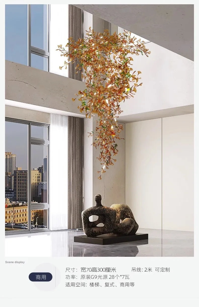 Living room chandelier ginkgo leaf branch lamp duplex floor villa stairs dining room lamp