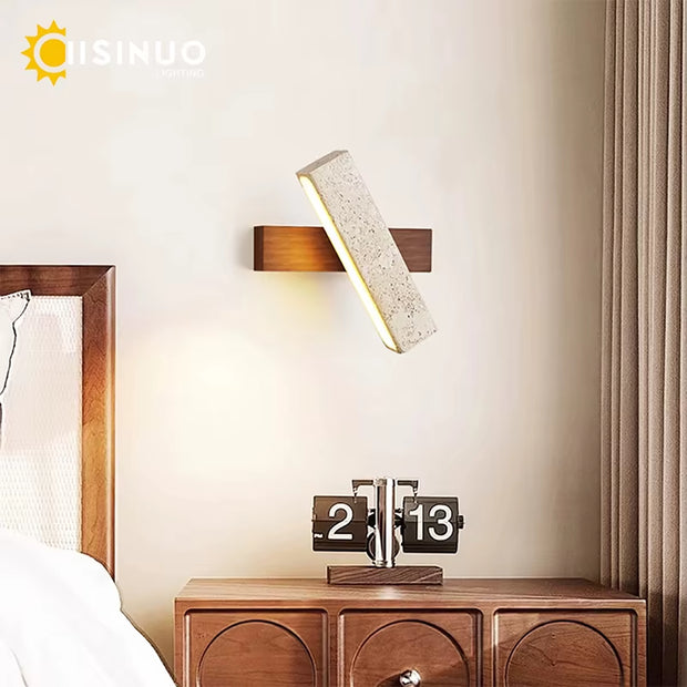 Stylish Rotating Cave Stone Wall Sconce - Wabi Sabi Bedside Lamp with Wooden Base & Yellow Travertine for Cozy Bedroom Decor