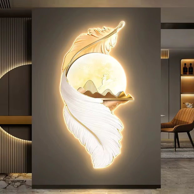Elegant Wood Feather LED Wall Art for Living Room & Corridor Decor