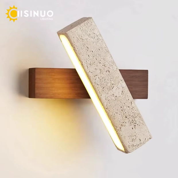 Stylish Rotating Cave Stone Wall Sconce - Wabi Sabi Bedside Lamp with Wooden Base & Yellow Travertine for Cozy Bedroom Decor