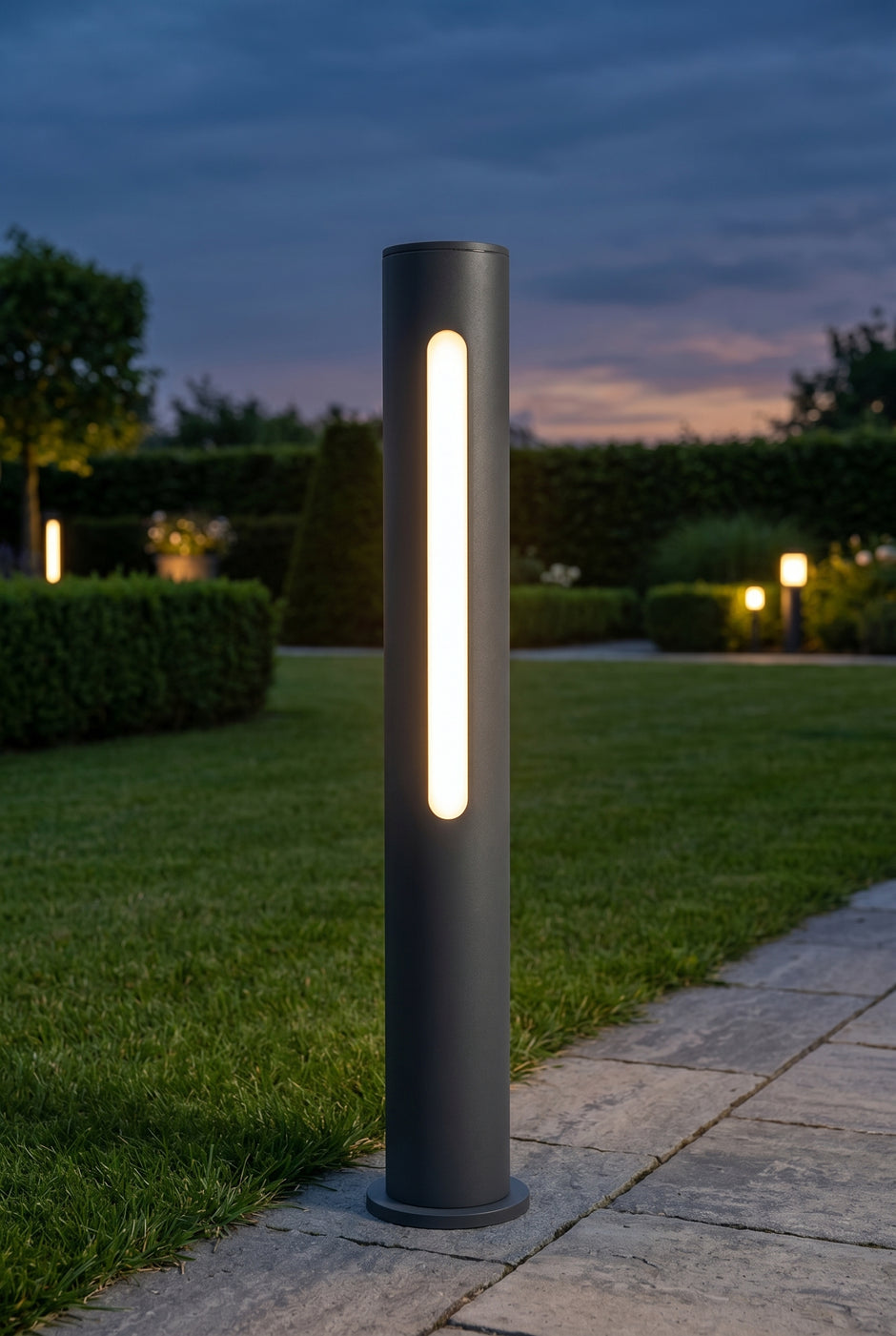 AI Studio Photo - Standing facing the camera, natural confident posture, arms relaxed at sides, front view, full body visible. CAMERA SHOT: A medium shot focusing on the bollard light, showcasing its full height and the integrated light strip. [Half body styled]