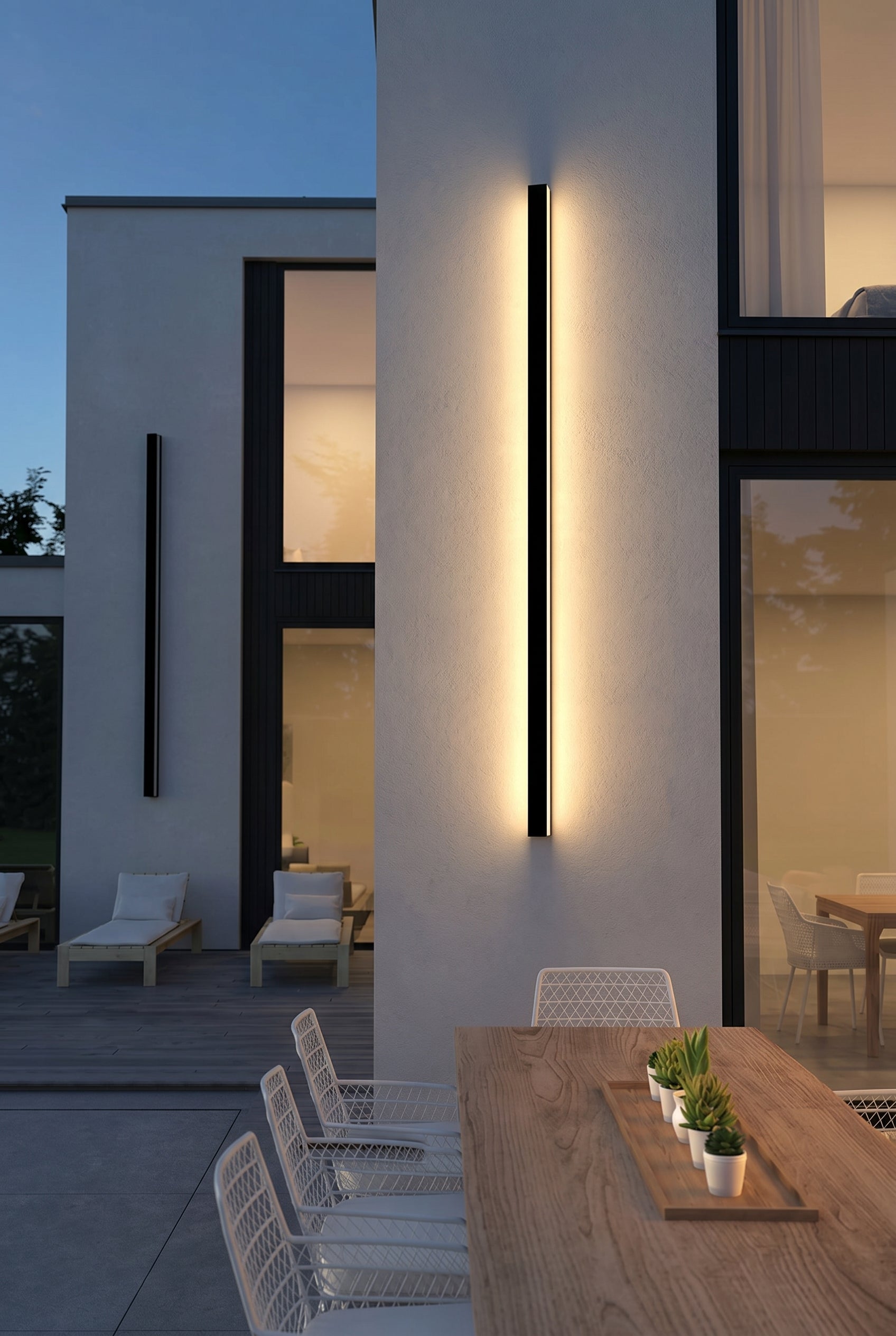 AI Studio Photo - Standing facing the camera, natural confident posture, arms relaxed at sides, front view, full body visible. CAMERA SHOT: A medium shot focusing on the lamp mounted on the exterior wall of a modern villa, showcasing its minimalist design and the ambient light it casts. [Full body]