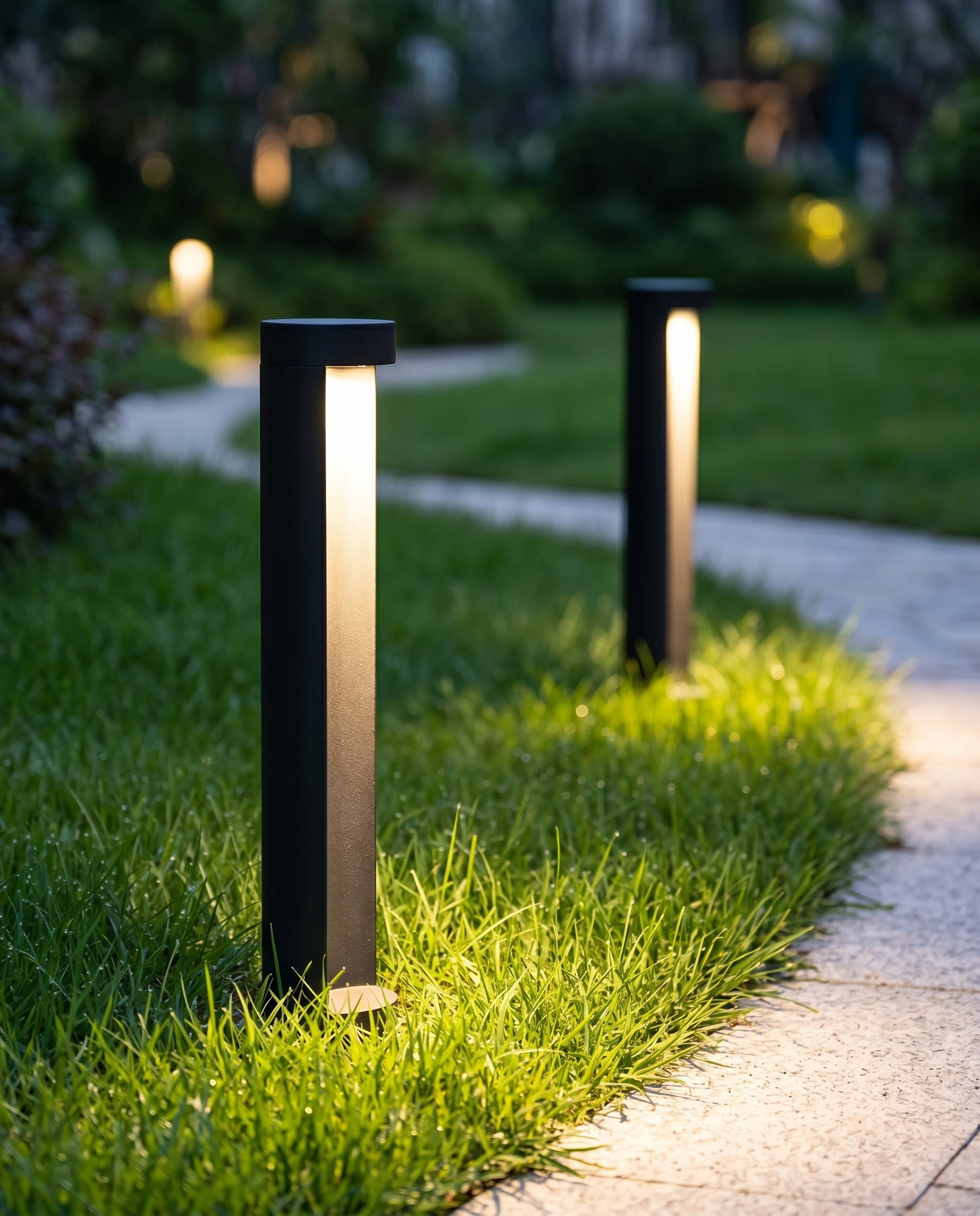 AI Studio Photo - Front face view wearing hat, looking at camera, hat brim visible. CAMERA SHOT: A medium shot focusing on one or two bollard lights, showcasing their form and the light they emit, with a slightly blurred background to emphasize the product. [Full body]
