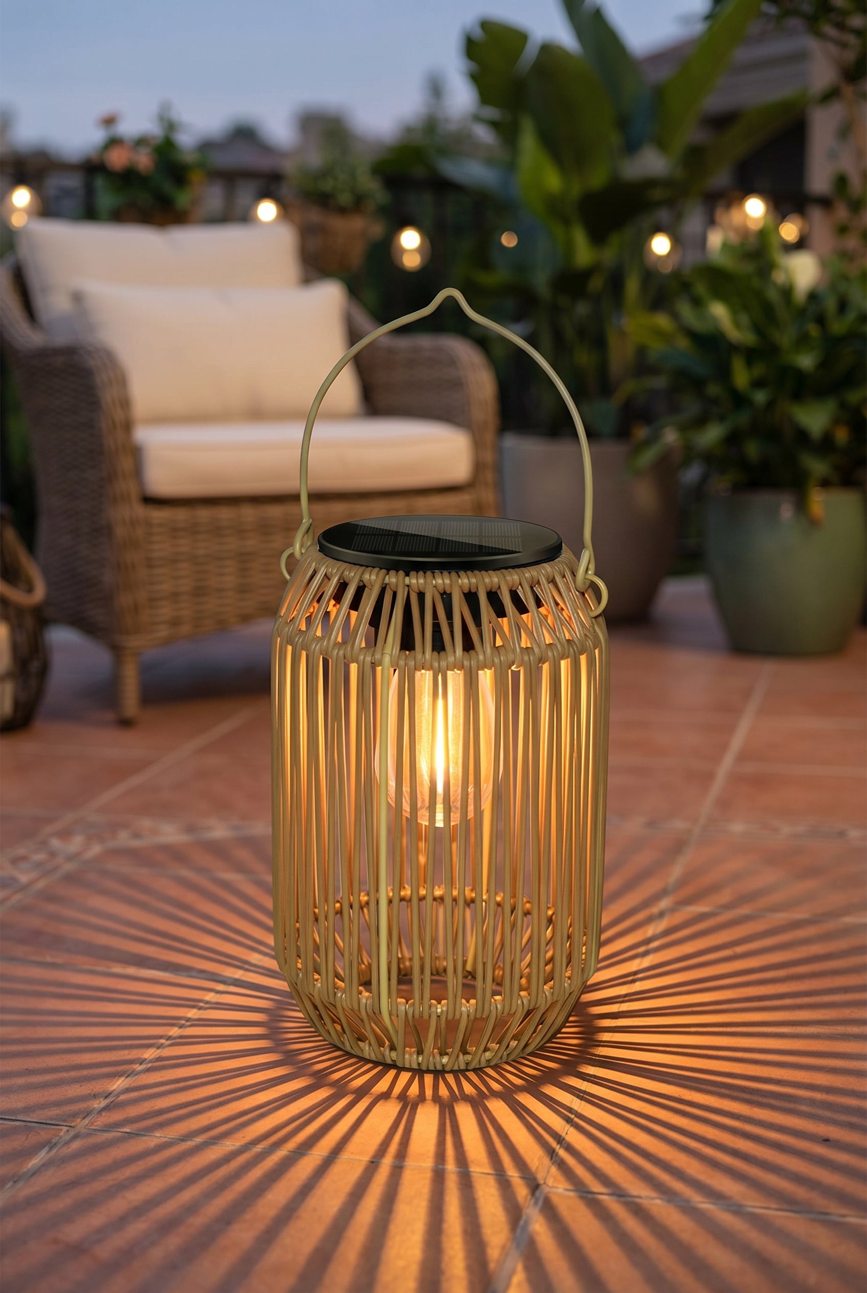AI Studio Photo - Standing facing the camera, natural confident posture, arms relaxed at sides, front view, full body visible. CAMERA SHOT: A medium shot focusing on the lantern, showcasing its texture and the light it emits, with a slightly blurred background to emphasize the product. [Full body]