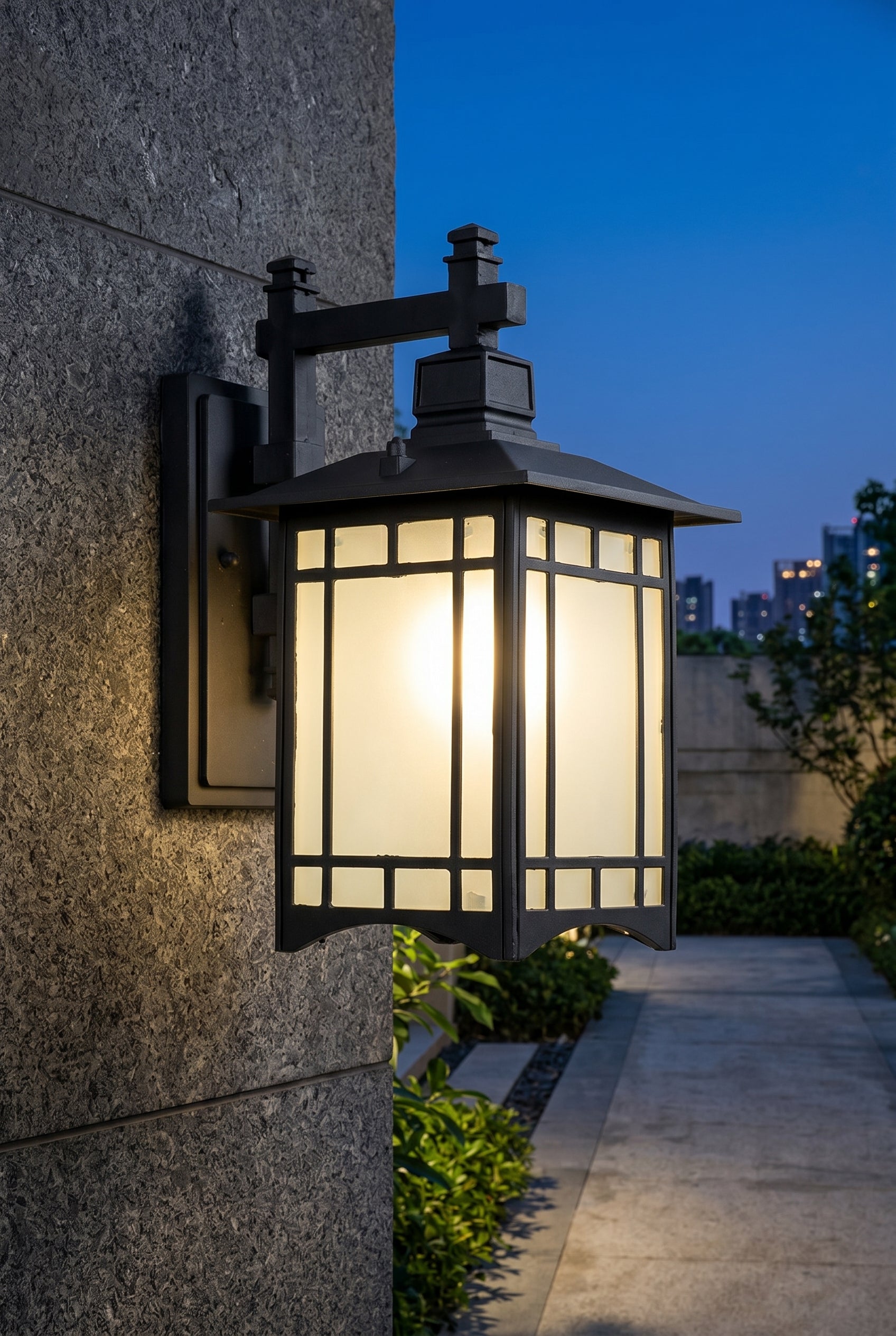 AI Studio Photo - Standing facing the camera, natural confident posture, arms relaxed at sides, front view, full body visible. CAMERA SHOT: A medium shot focusing on the entire lamp, mounted on a wall, with a slight angle to showcase its depth and the illuminated panels. [Half body styled]