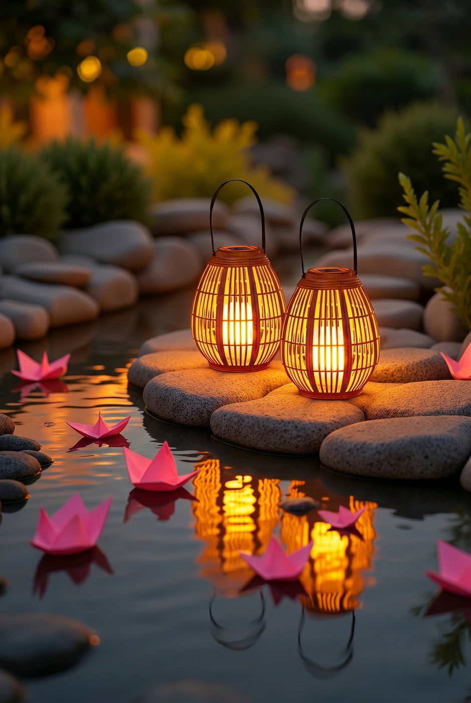 AI Studio Photo - Front face view wearing hat, looking at camera, hat brim visible. CAMERA SHOT: A medium shot focusing on the two lanterns placed on smooth, grey river stones, with a shallow depth of field blurring the background. [Half body styled]