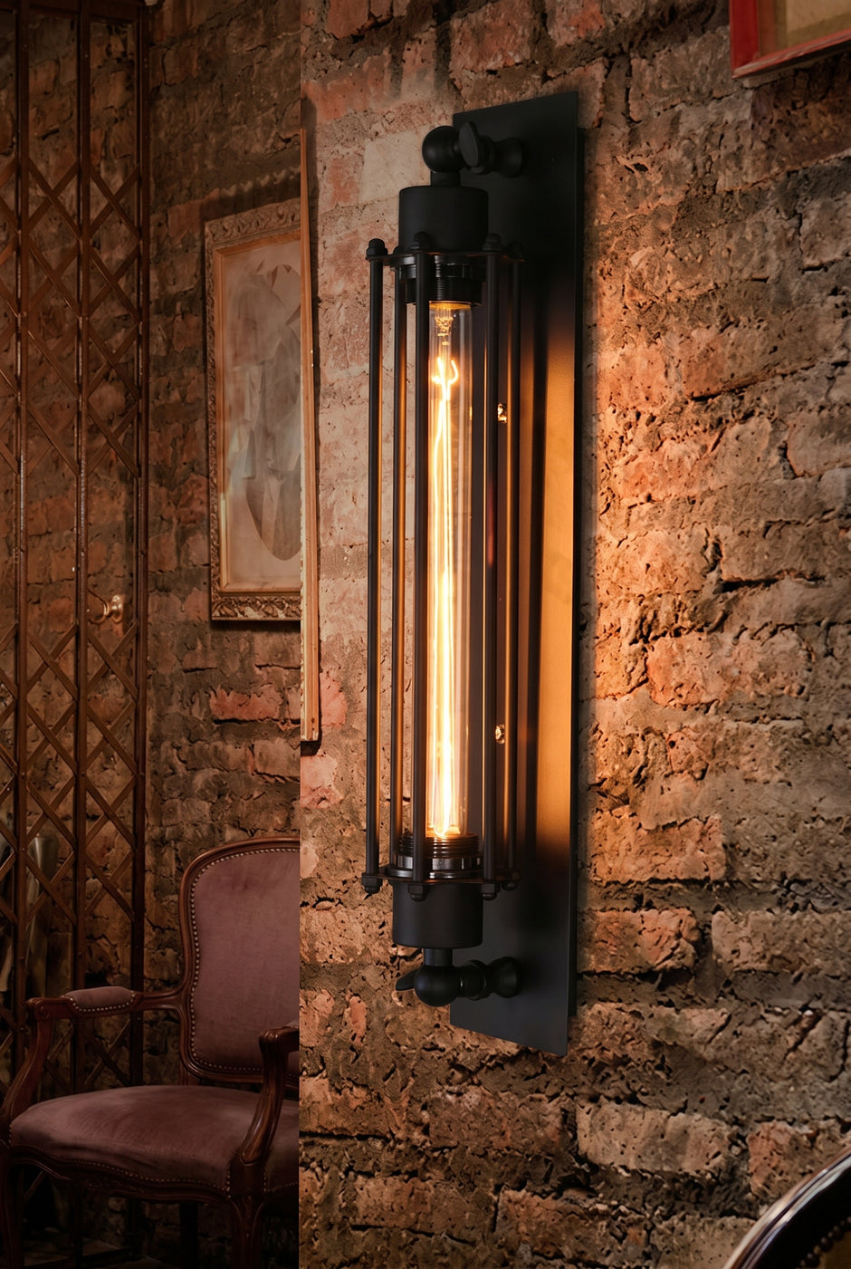 AI Studio Photo - Standing facing the camera, natural confident posture, arms relaxed at sides, front view, full body visible. CAMERA SHOT: Medium shot focusing on the wall sconce and its immediate surroundings, showcasing the texture of the brick wall and the warm light it emits. [Half body styled]