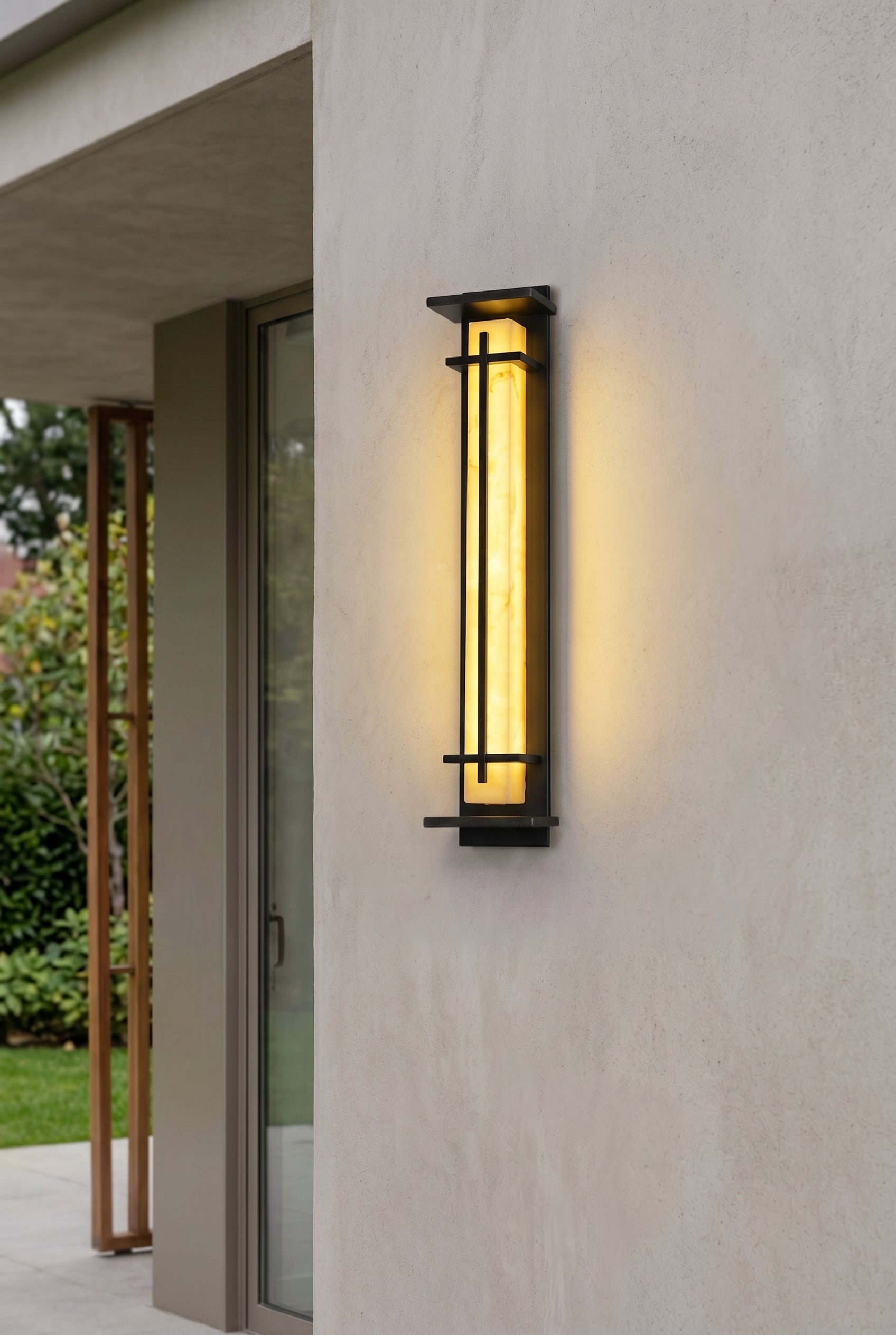 AI Studio Photo - Upper body shot from chest up, facing camera, natural expression, shoulders relaxed. CAMERA SHOT: A medium shot focusing on the wall lamp mounted on an exterior wall, showcasing its design and the warm glow it emits. [Full body]