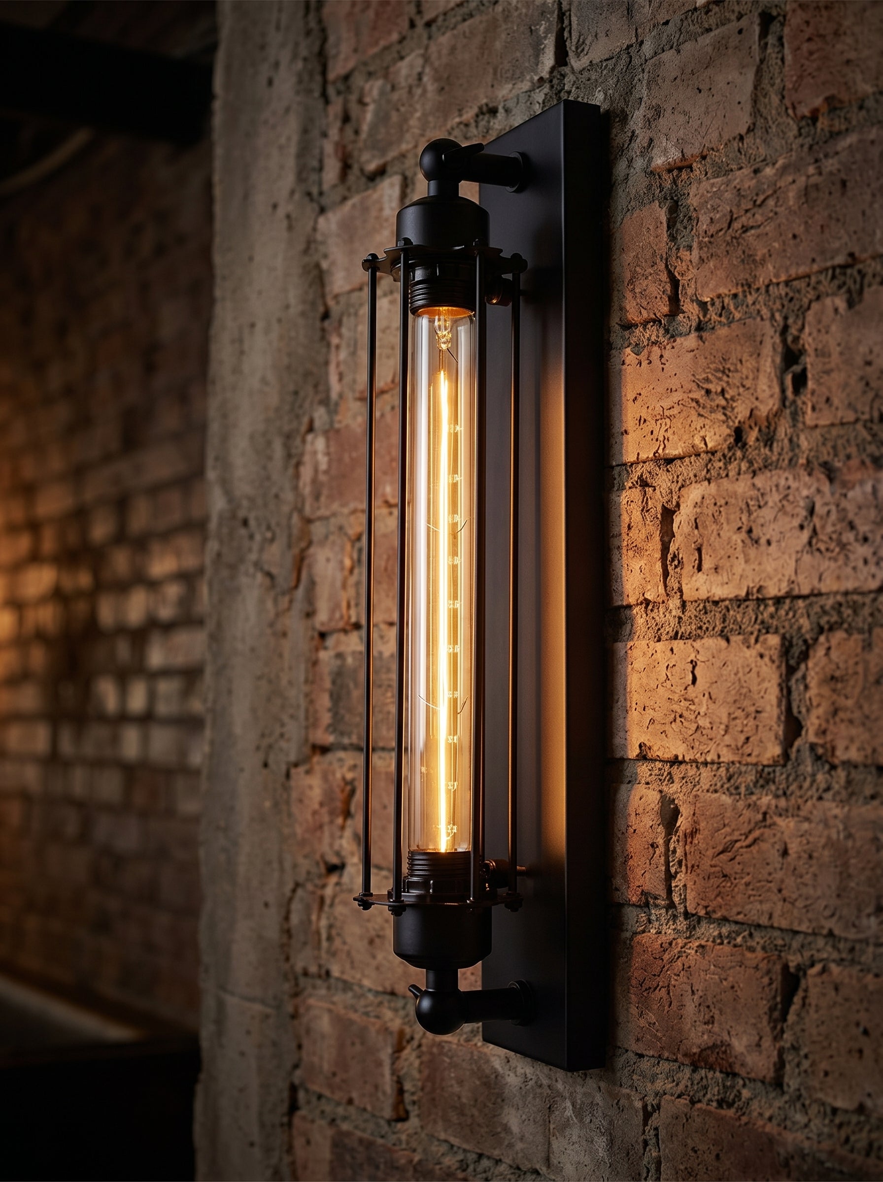 AI Studio Photo - Standing facing the camera, natural confident posture, arms relaxed at sides, front view, full body visible. CAMERA SHOT: A medium shot focusing on the wall lamp, showcasing its full length and the texture of the wall it's mounted on. [Half body styled]