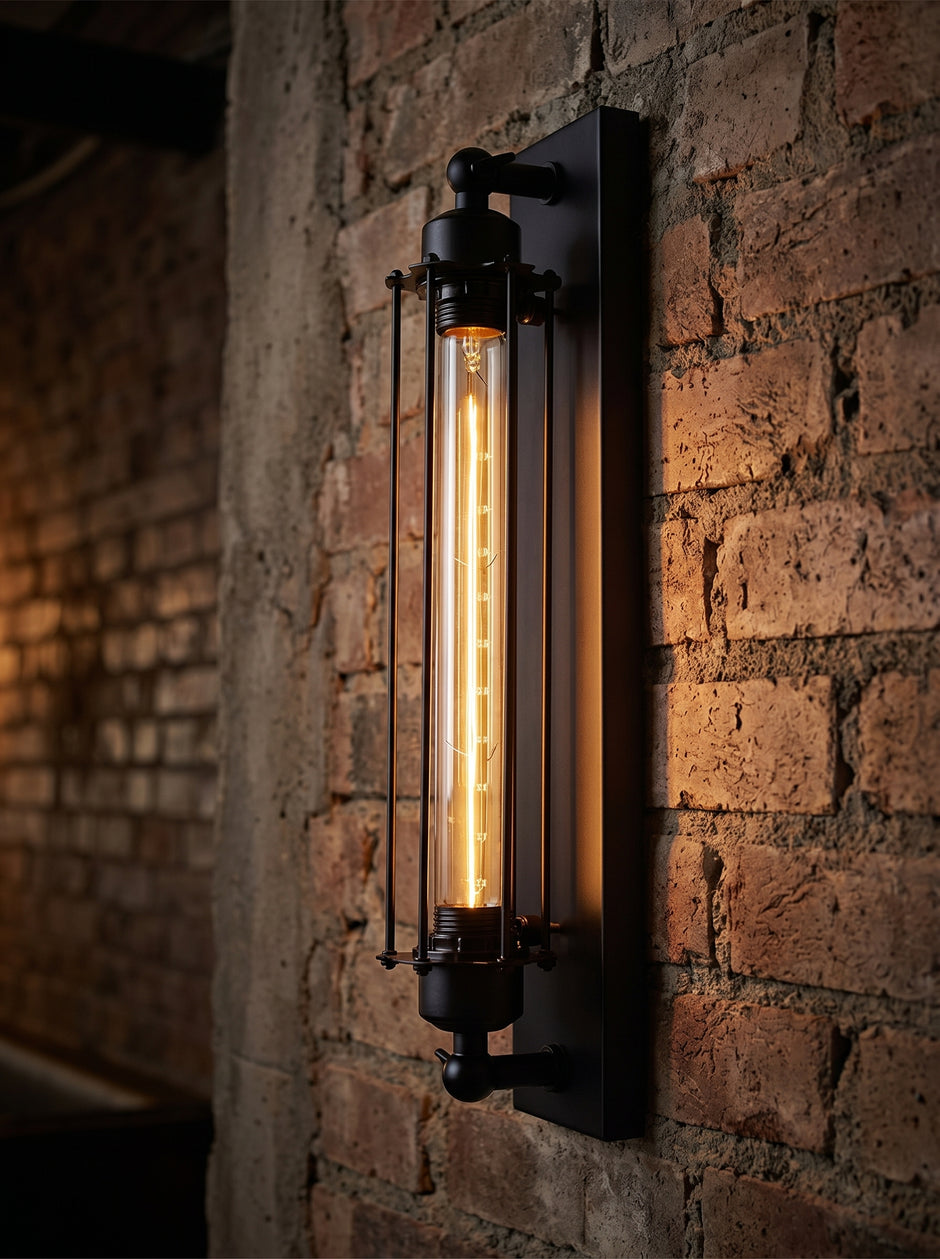 AI Studio Photo - Standing facing the camera, natural confident posture, arms relaxed at sides, front view, full body visible. CAMERA SHOT: A medium shot focusing on the wall lamp, showcasing its full length and the texture of the wall it's mounted on. [Half body styled]