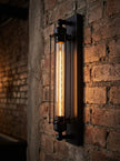 AI Studio Photo - Standing facing the camera, natural confident posture, arms relaxed at sides, front view, full body visible. CAMERA SHOT: A medium shot focusing on the wall lamp, showcasing its full length and the texture of the wall it's mounted on. [Half body styled]
