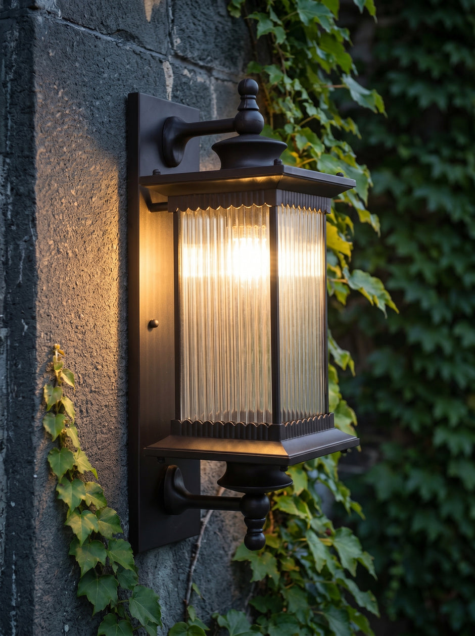 AI Studio Photo - Standing facing the camera, natural confident posture, arms relaxed at sides, front view, full body visible. CAMERA SHOT: A medium shot focusing on the entire lamp, mounted on a wall. [Half body styled]