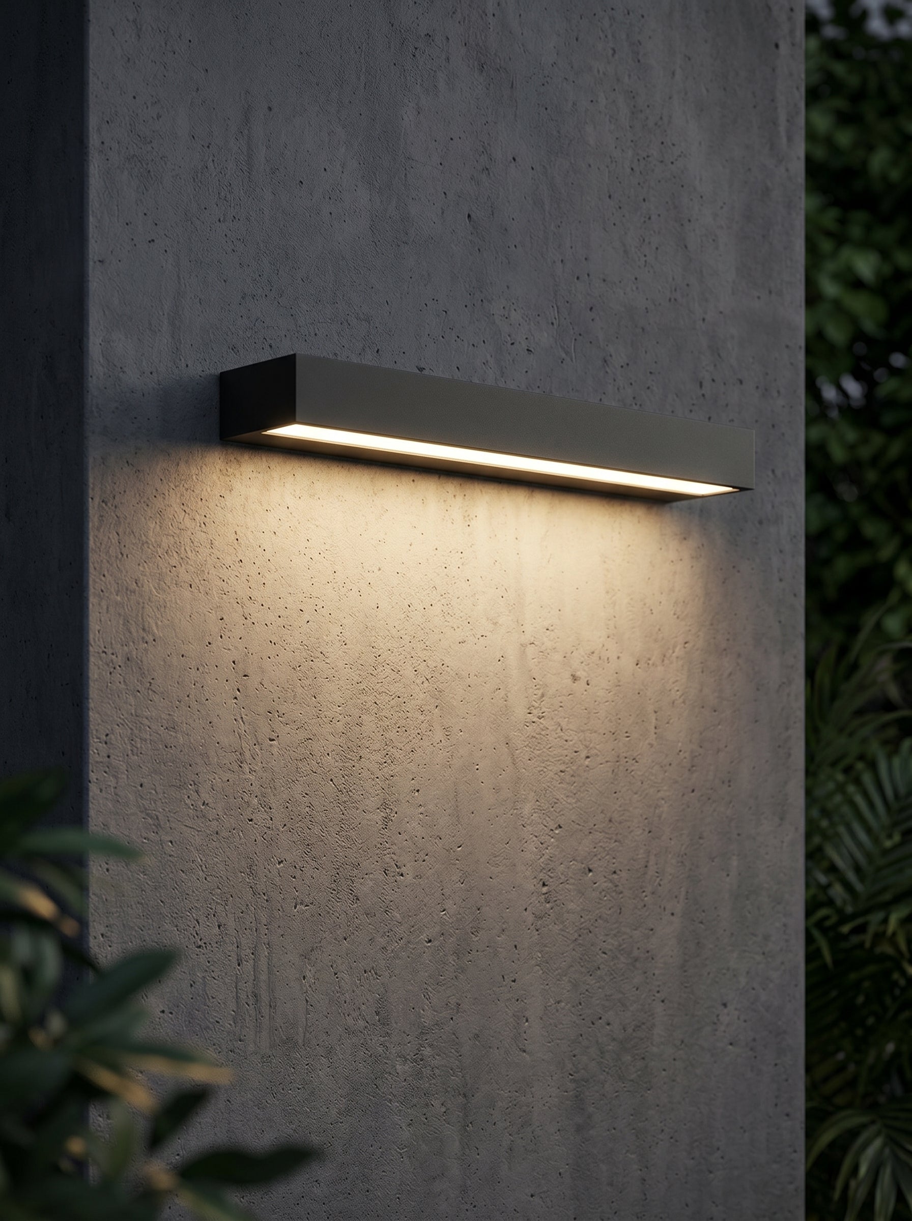 AI Studio Photo - Standing facing the camera, natural confident posture, arms relaxed at sides, front view, full body visible. CAMERA SHOT: A medium shot focusing on the wall lamp, showcasing its clean lines and the warm light it casts on the wall. [Half body styled]