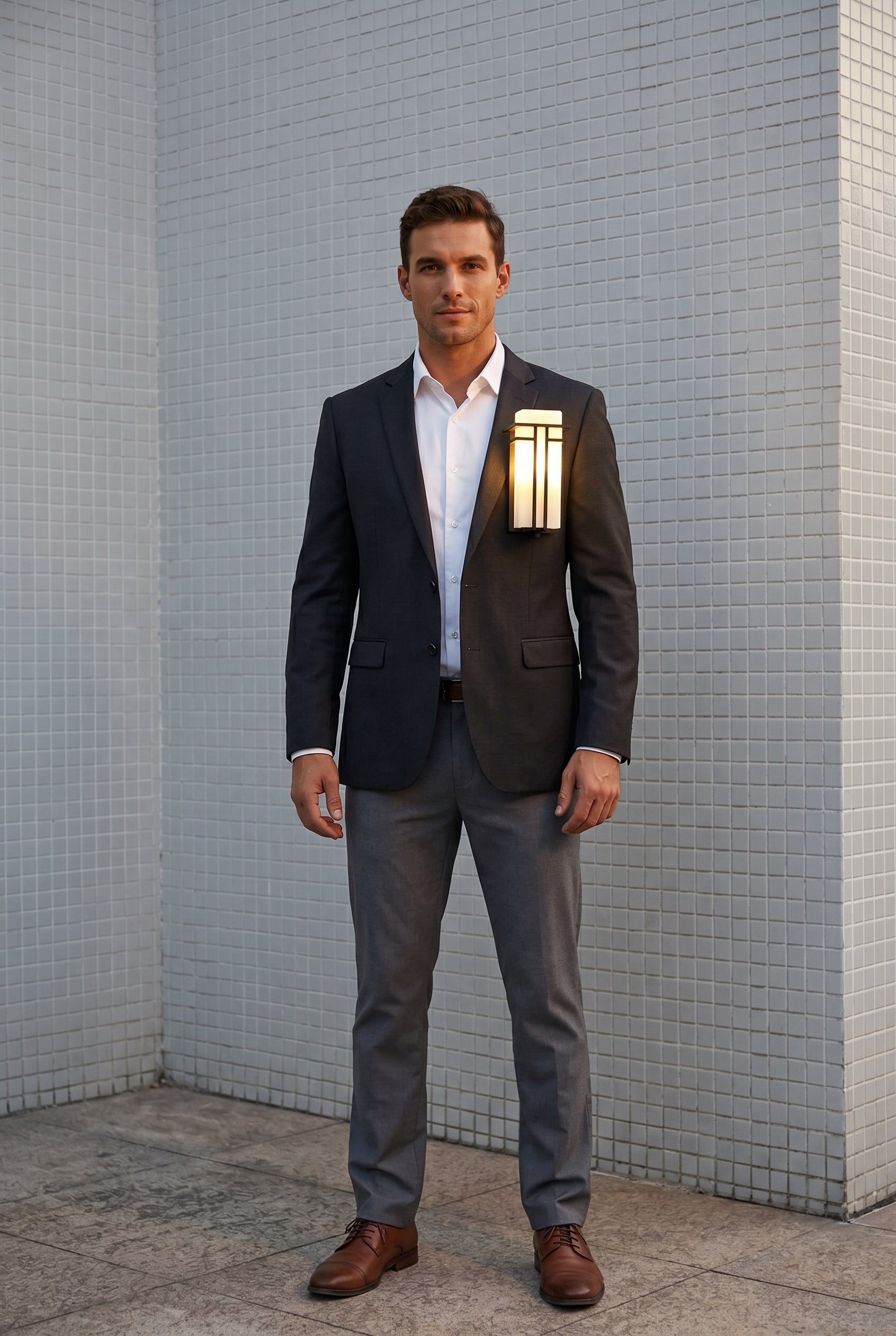AI Studio Photo - Standing facing the camera, natural confident posture, arms relaxed at sides, front view, full body visible. CAMERA SHOT: Medium shot focusing on the wall lamp, showcasing its design and how it mounts to the wall. [Full body]