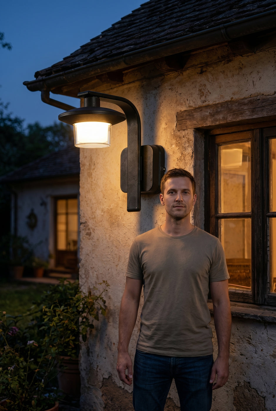 AI Studio Photo - Standing facing the camera, natural confident posture, arms relaxed at sides, front view, full body visible. CAMERA SHOT: Medium shot focusing on the wall light and its immediate surroundings. [Half body styled]