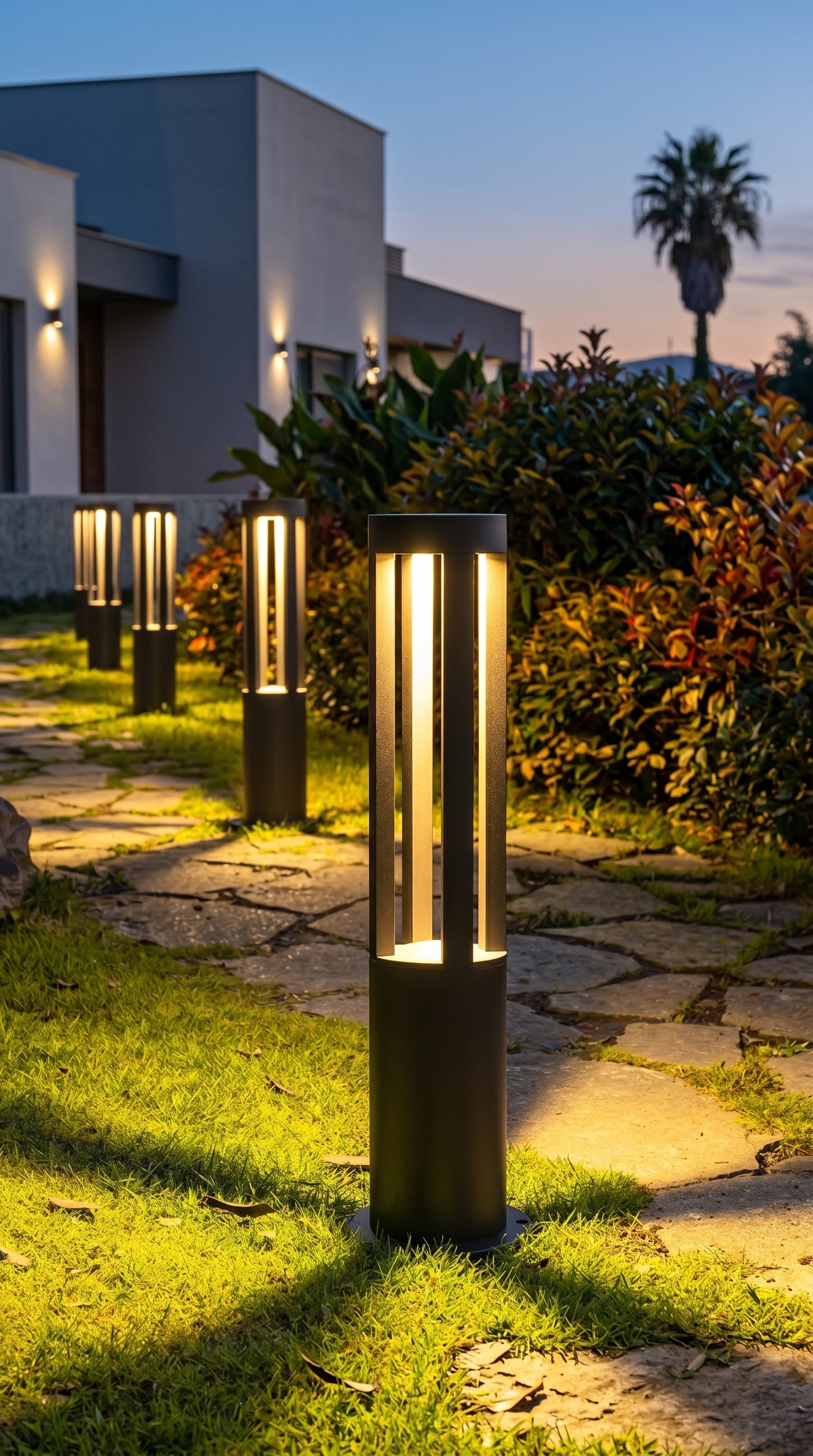 AI Studio Photo - Front face view wearing hat, looking at camera, hat brim visible. CAMERA SHOT: Medium shot focusing on the entire bollard light, showcasing its design and the light it emits. [Full body]