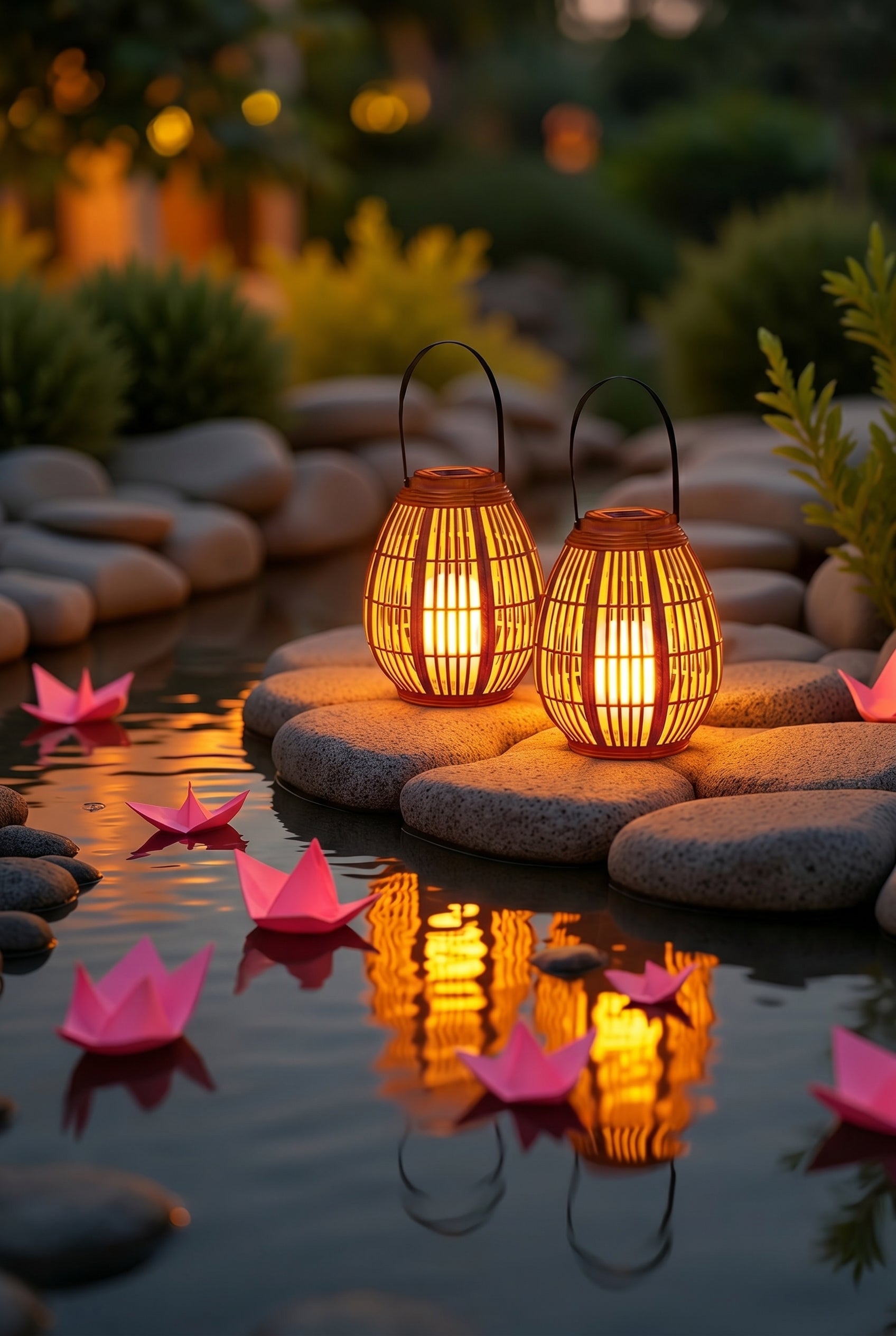 AI Studio Photo - Front face view wearing hat, looking at camera, hat brim visible. CAMERA SHOT: A medium shot focusing on the two lanterns placed on smooth, grey river stones, with a shallow depth of field blurring the background. [Half body styled]