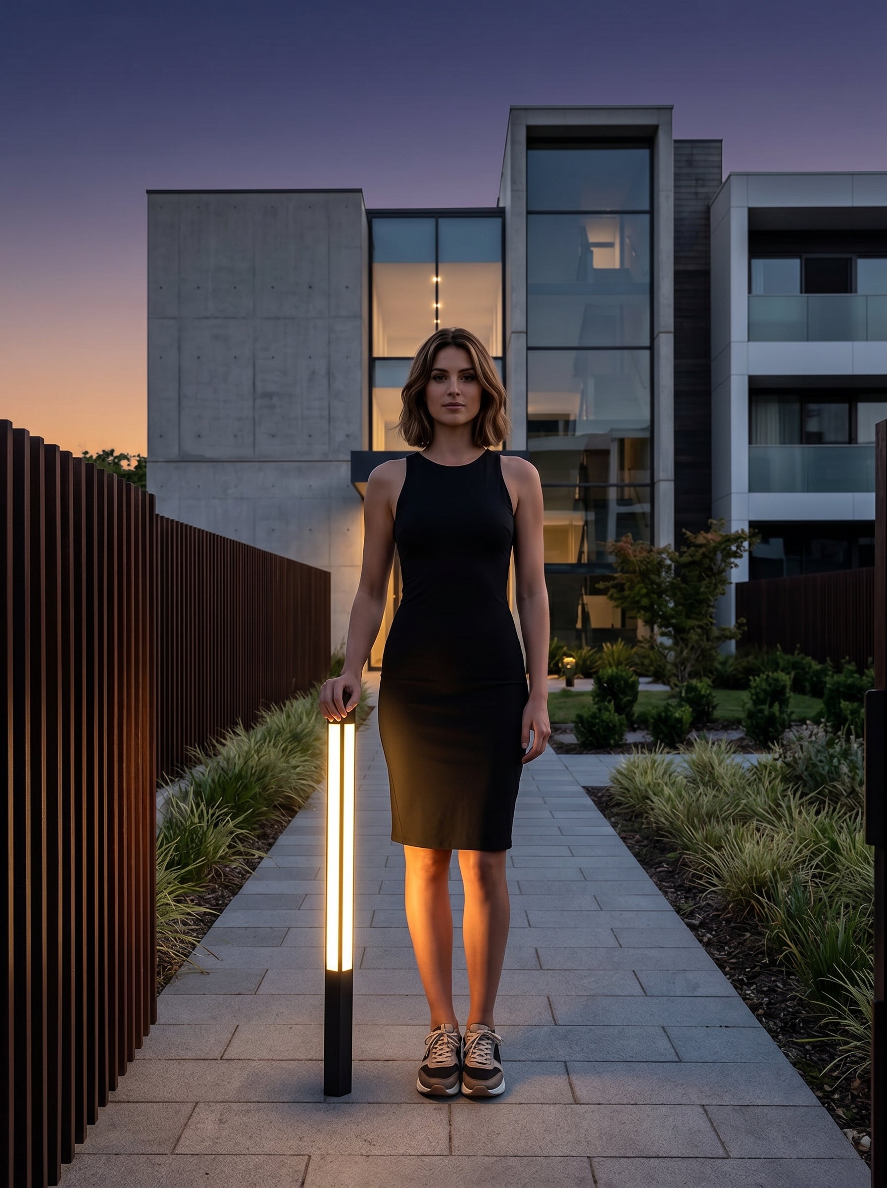 AI Studio Photo - Standing facing the camera, natural confident posture, arms relaxed at sides, front view, full body visible. CAMERA SHOT: A medium shot focusing on the lower half of the light column, showcasing its base and the illuminated panel extending upwards, with a hint of the surrounding environment. [Full body]