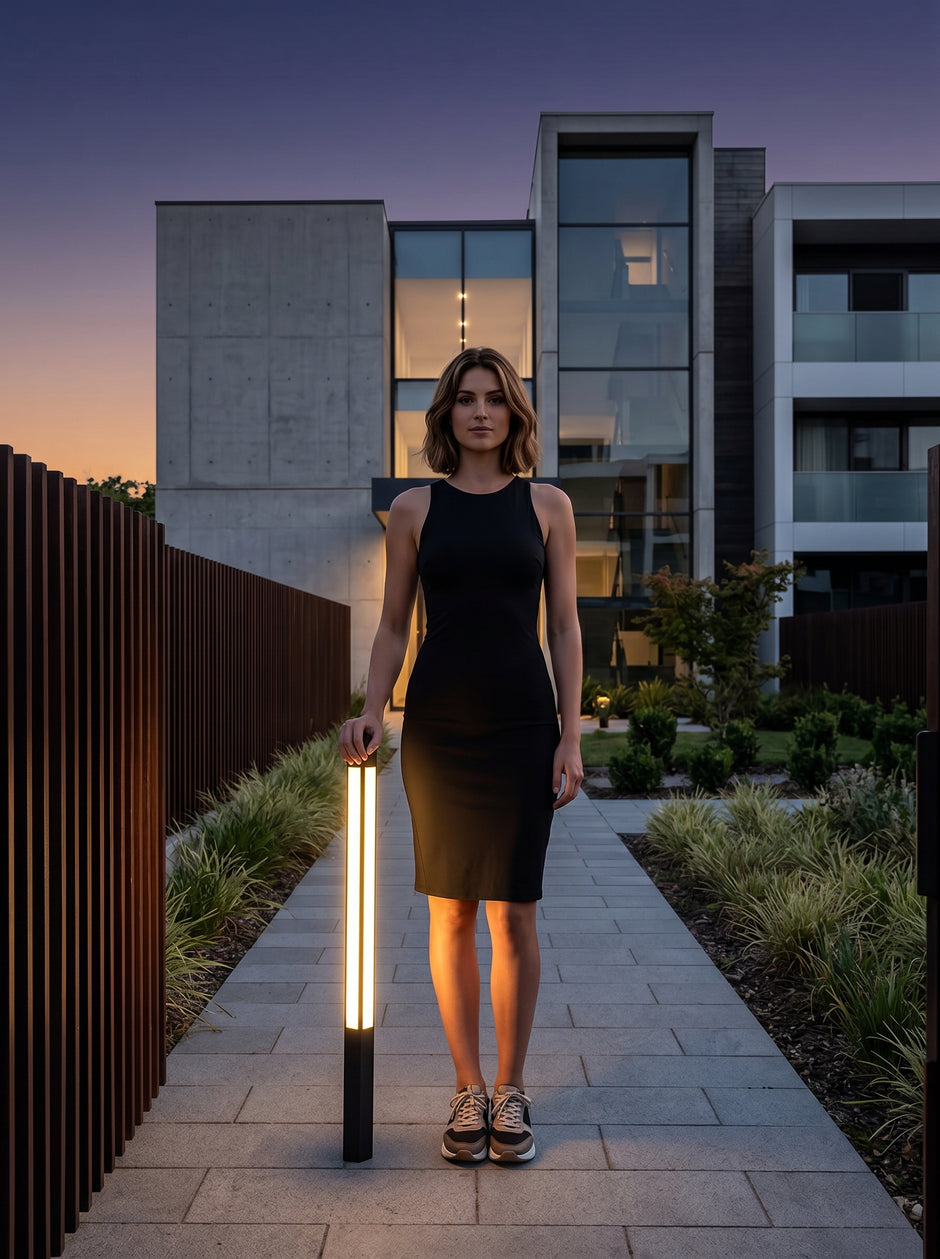 AI Studio Photo - Standing facing the camera, natural confident posture, arms relaxed at sides, front view, full body visible. CAMERA SHOT: A medium shot focusing on the lower half of the light column, showcasing its base and the illuminated panel extending upwards, with a hint of the surrounding environment. [Full body]