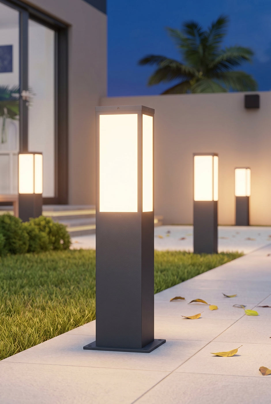 AI Studio Photo - Front face view wearing hat, looking at camera, hat brim visible. CAMERA SHOT: A medium shot focusing on one of the path lights, showcasing its full height and the warm glow of its illumination, with a blurred background of a landscaped garden. [Half body styled]