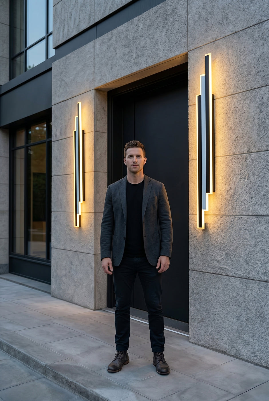 AI Studio Photo - Standing facing the camera, natural confident posture, arms relaxed at sides, front view, full body visible. CAMERA SHOT: A medium shot focusing on the wall light mounted on the exterior wall, showcasing its design and the warm illumination it casts. [Full body]