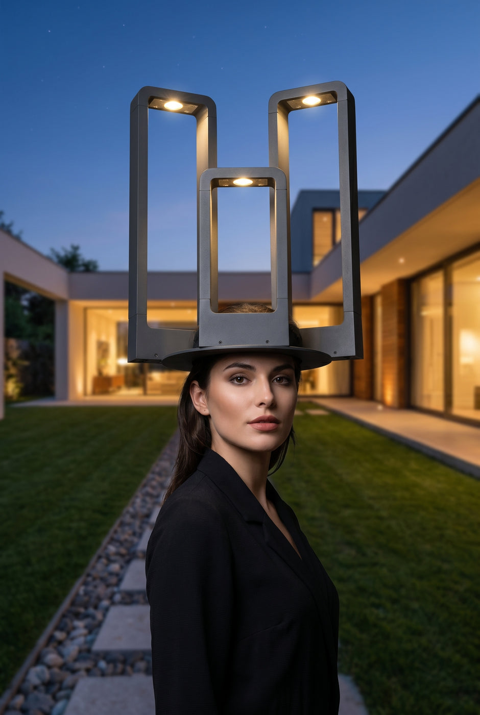 AI Studio Photo - Front face view wearing hat, looking at camera, hat brim visible. CAMERA SHOT: A medium shot showcasing the three lights arranged together, with a focus on their geometric forms and the interplay of light and shadow. [Half body styled]