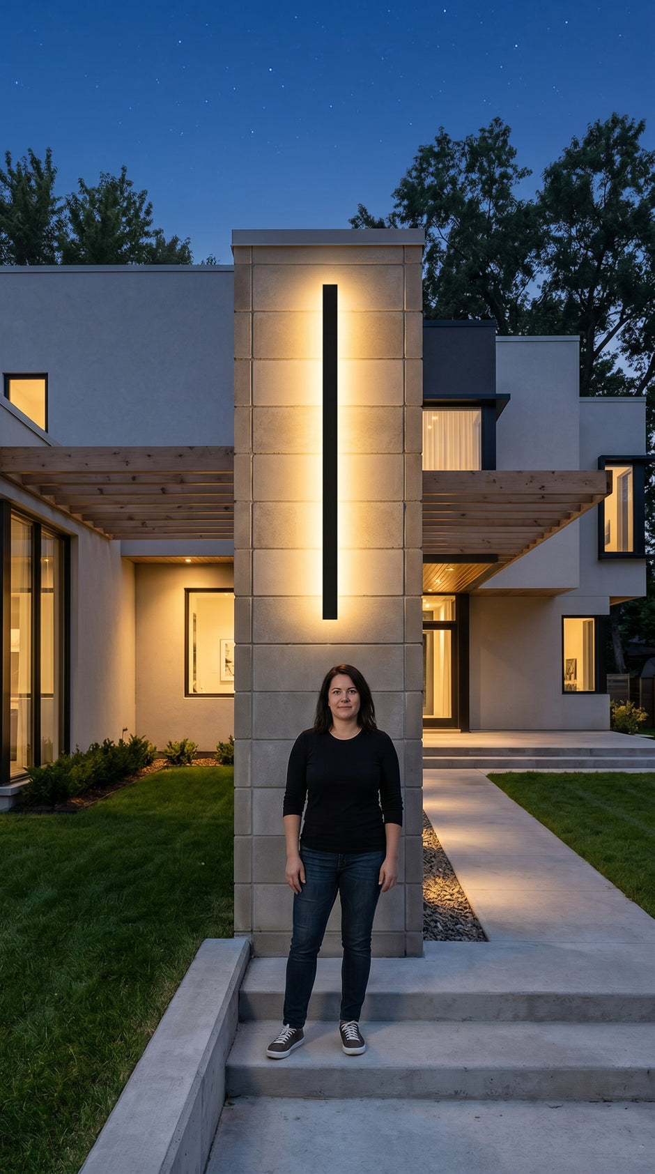 AI Studio Photo - Standing facing the camera, natural confident posture, arms relaxed at sides, front view, full body visible. CAMERA SHOT: A medium shot focusing on the wall light mounted on the exterior wall of a modern villa, showcasing its illumination and integration with the architecture. [Full body]