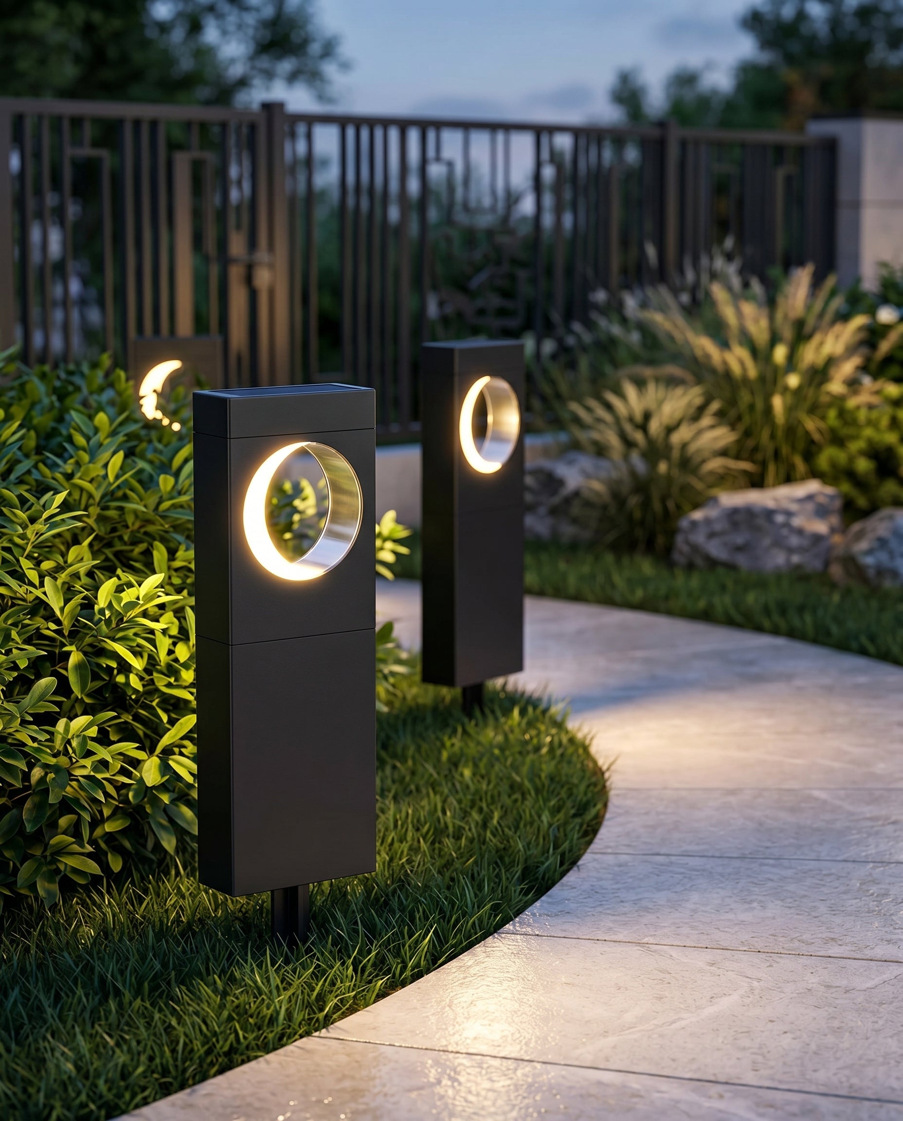AI Studio Photo - Standing facing the camera, natural confident posture, arms relaxed at sides, front view, full body visible. CAMERA SHOT: A medium shot focusing on one or two of the pathway lights, with a slightly blurred background to emphasize the product. [Full body]