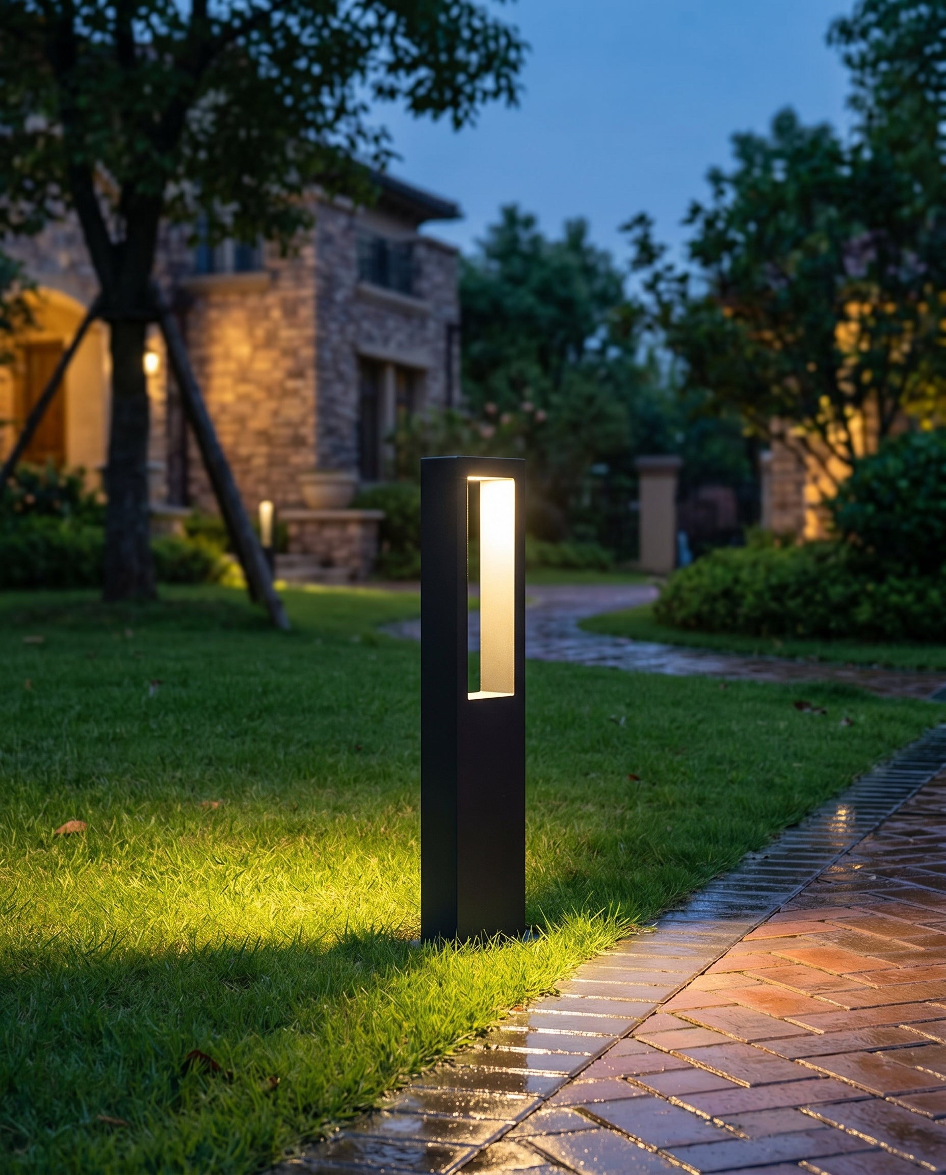 AI Studio Photo - Standing facing the camera, natural confident posture, arms relaxed at sides, front view, full body visible. CAMERA SHOT: Medium shot focusing on the lamp and its immediate surroundings, showcasing its design and the light it casts. [Full body]