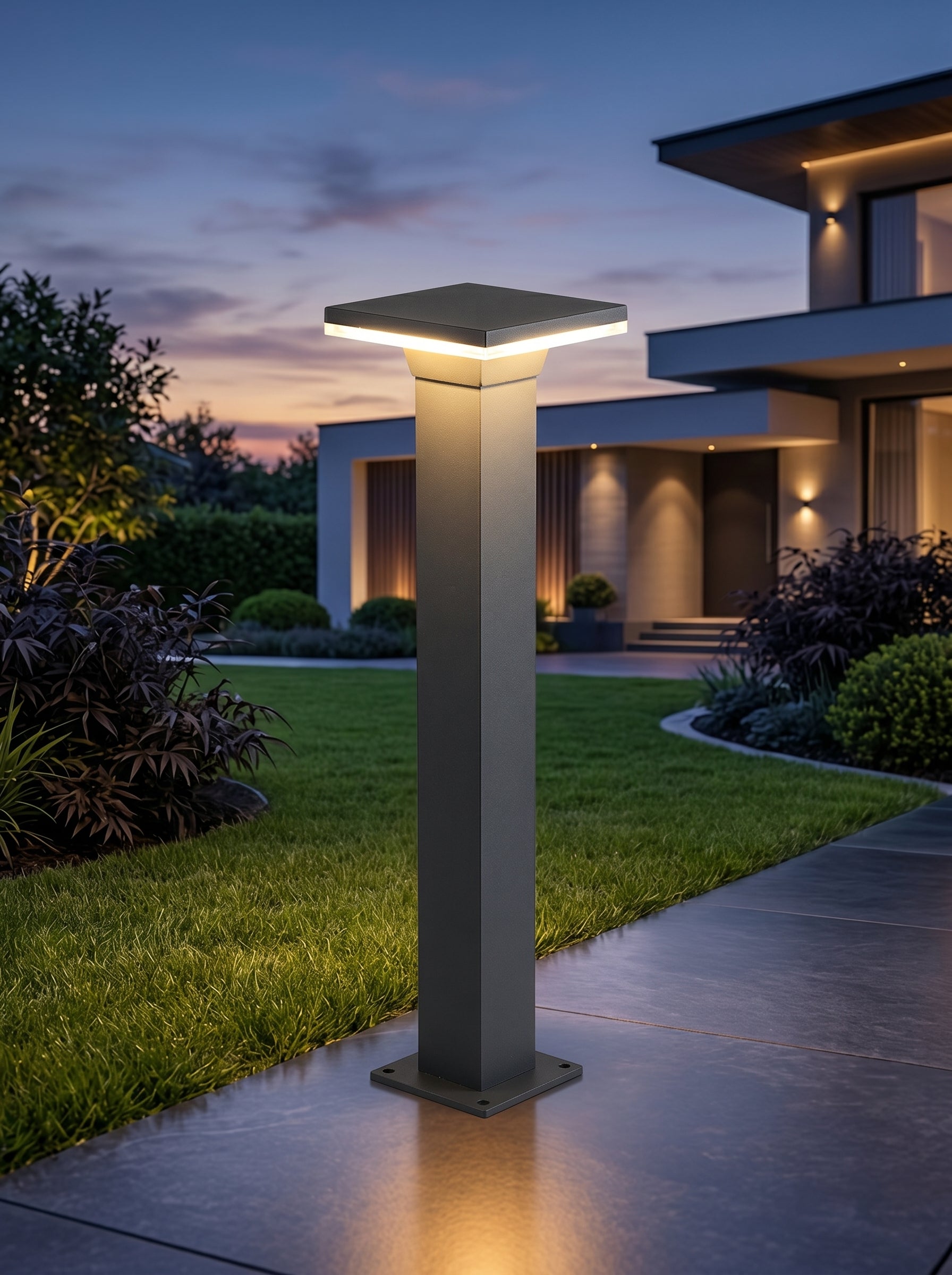 AI Studio Photo - Front face view wearing hat, looking at camera, hat brim visible. CAMERA SHOT: A medium shot focusing on the entire bollard light, showcasing its height and the illuminated top, with a hint of the base. [Half body styled]