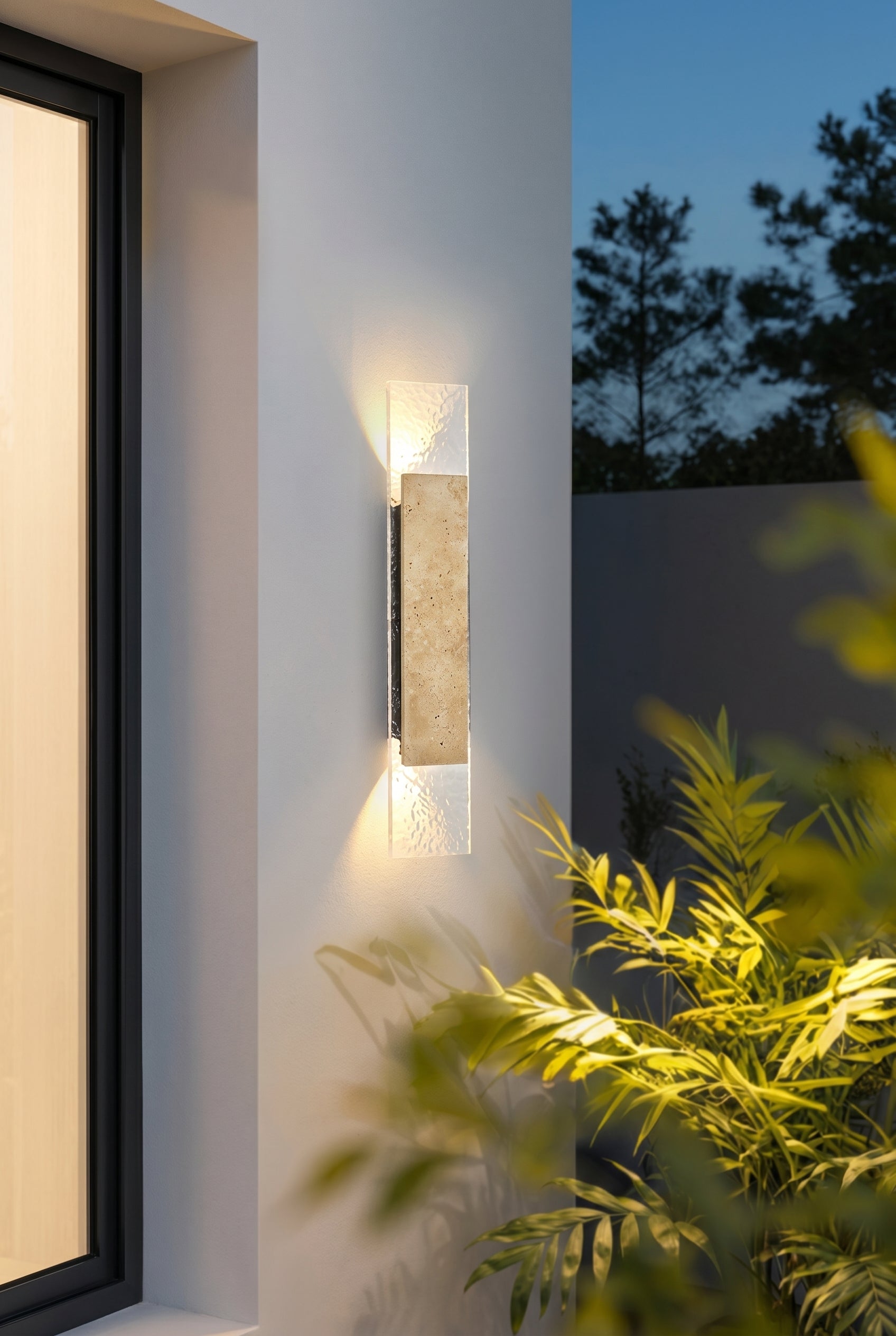 AI Studio Photo - Standing facing the camera, natural confident posture, arms relaxed at sides, front view, full body visible. CAMERA SHOT: Medium shot focusing on the wall lamp, showcasing its texture and light diffusion. [Half body styled]