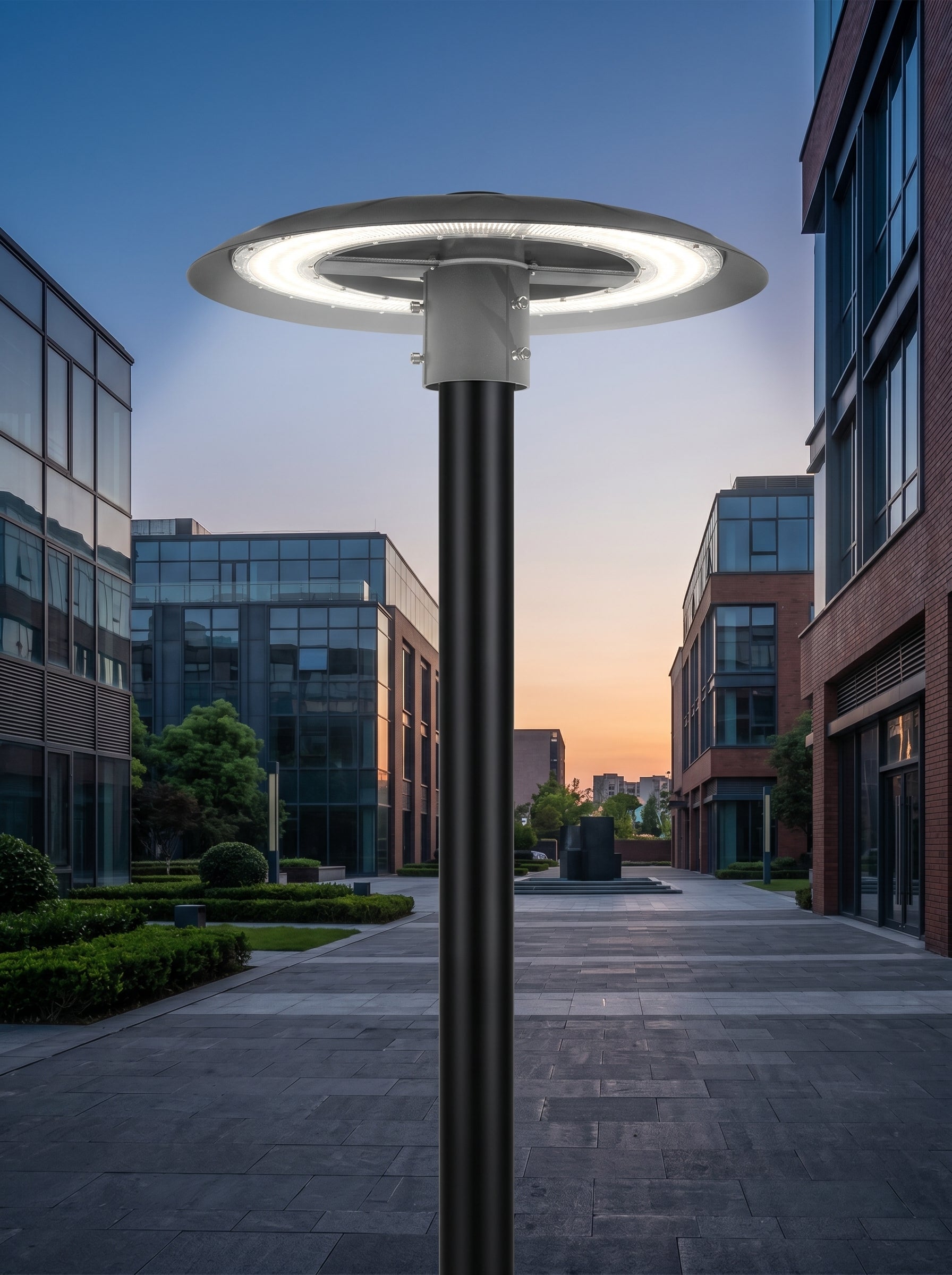 AI Studio Photo - Front face view wearing hat, looking at camera, hat brim visible. CAMERA SHOT: A medium shot focusing on the lamp head and a portion of the pole, showcasing its design and illuminated ring. [Half body styled]