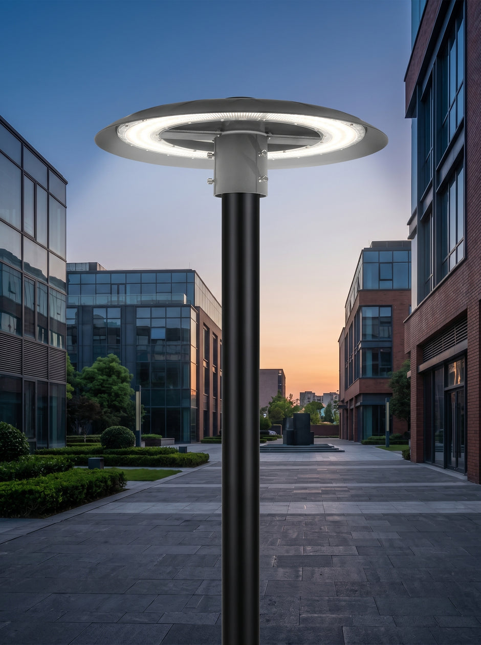 AI Studio Photo - Front face view wearing hat, looking at camera, hat brim visible. CAMERA SHOT: A medium shot focusing on the lamp head and a portion of the pole, showcasing its design and illuminated ring. [Half body styled]